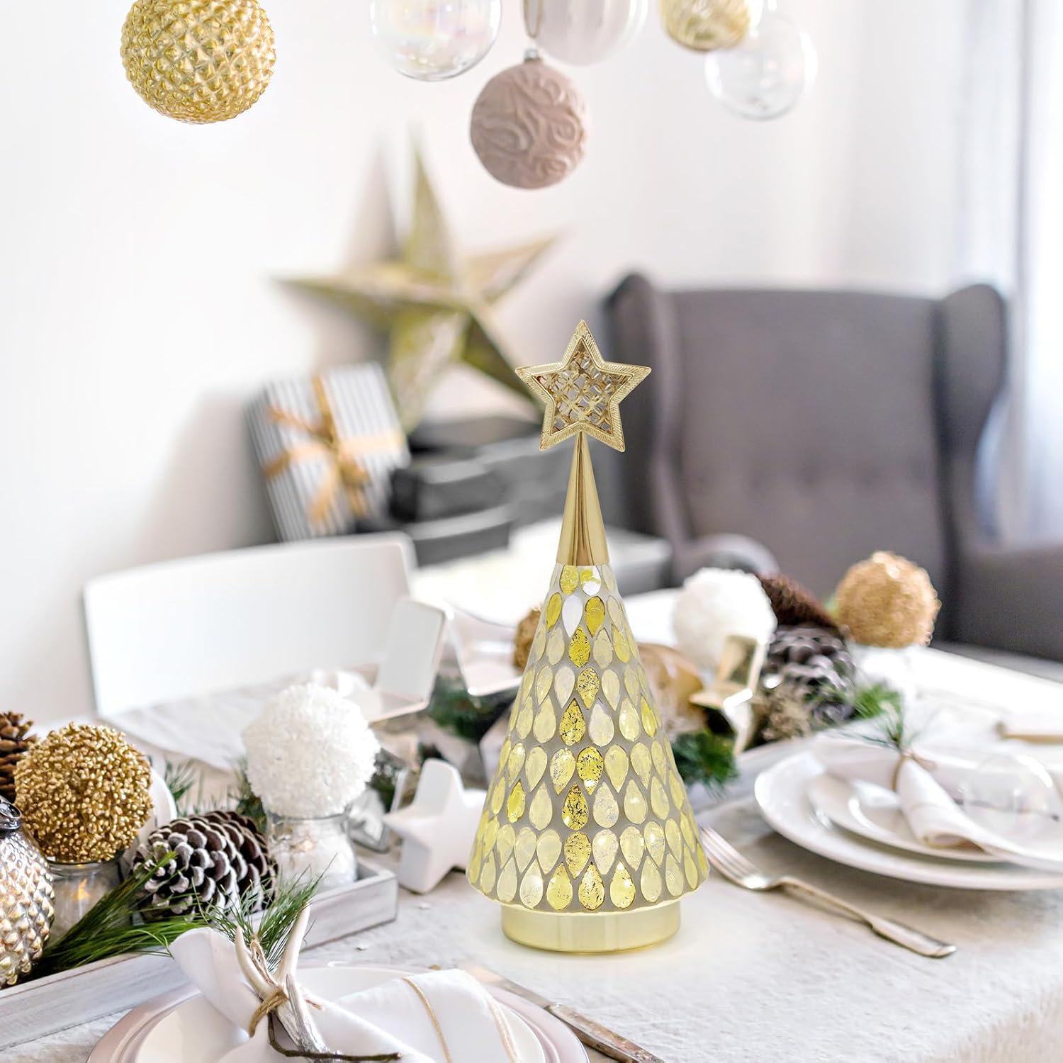 Detalle 2 de Mosaic Glass Christmas Tree Gold 11" 🎄