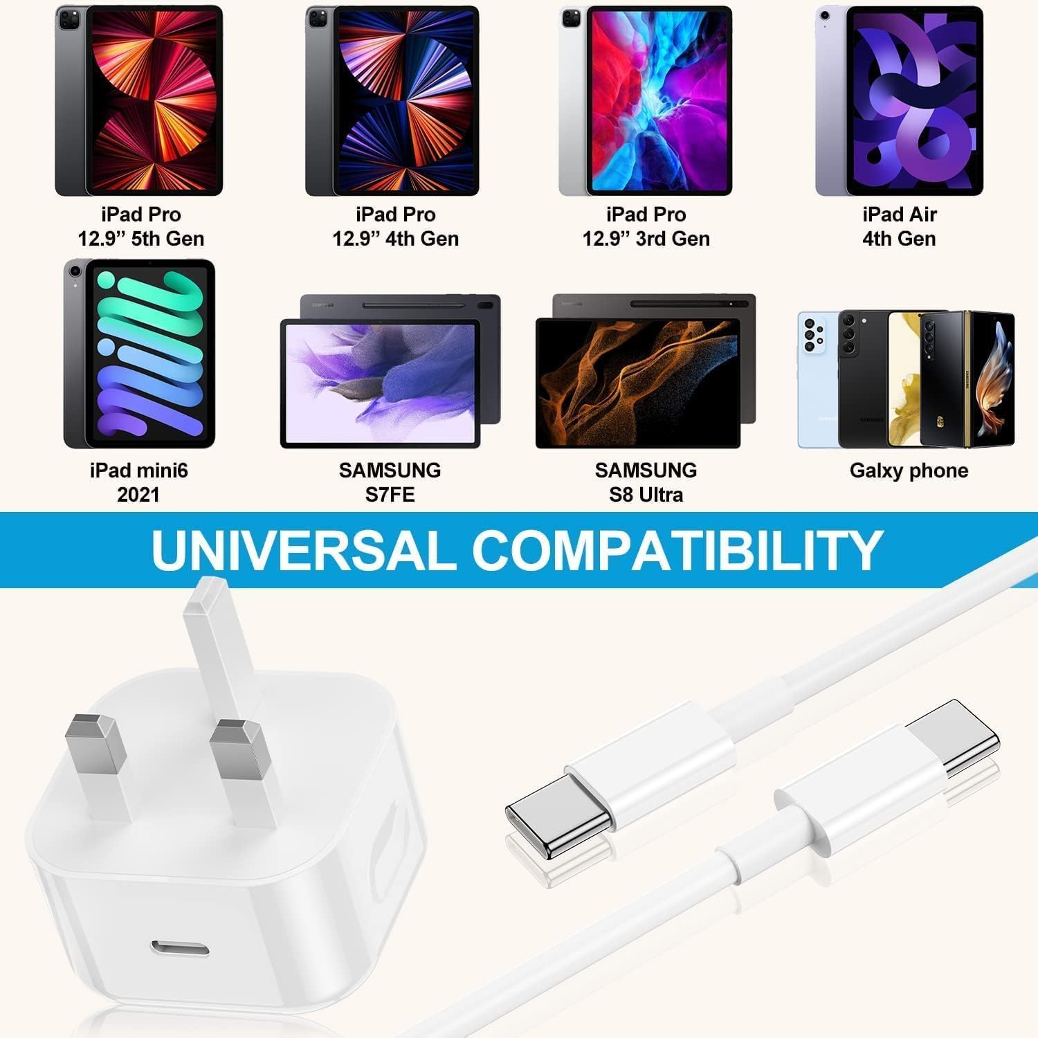Thumbnail 5 de Weiship iPad Charger and Plug — 20W USB-C Charger with 2m Cable (Type-C) for iPhone and iPad