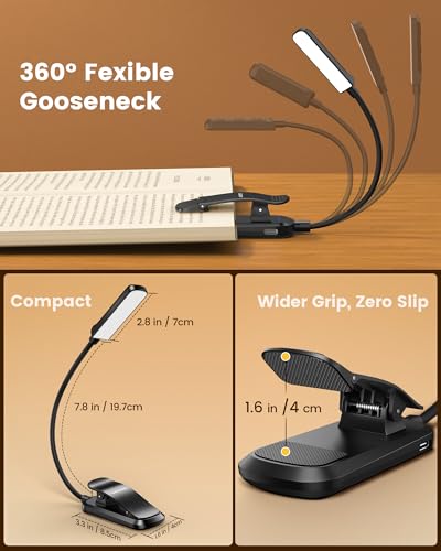 Detalle de Glocusent Lámpara de lectura con pinza y 13 LED para libros — 120 horas de autonomía, recargable, 3 colores y 5 niveles de intensidad