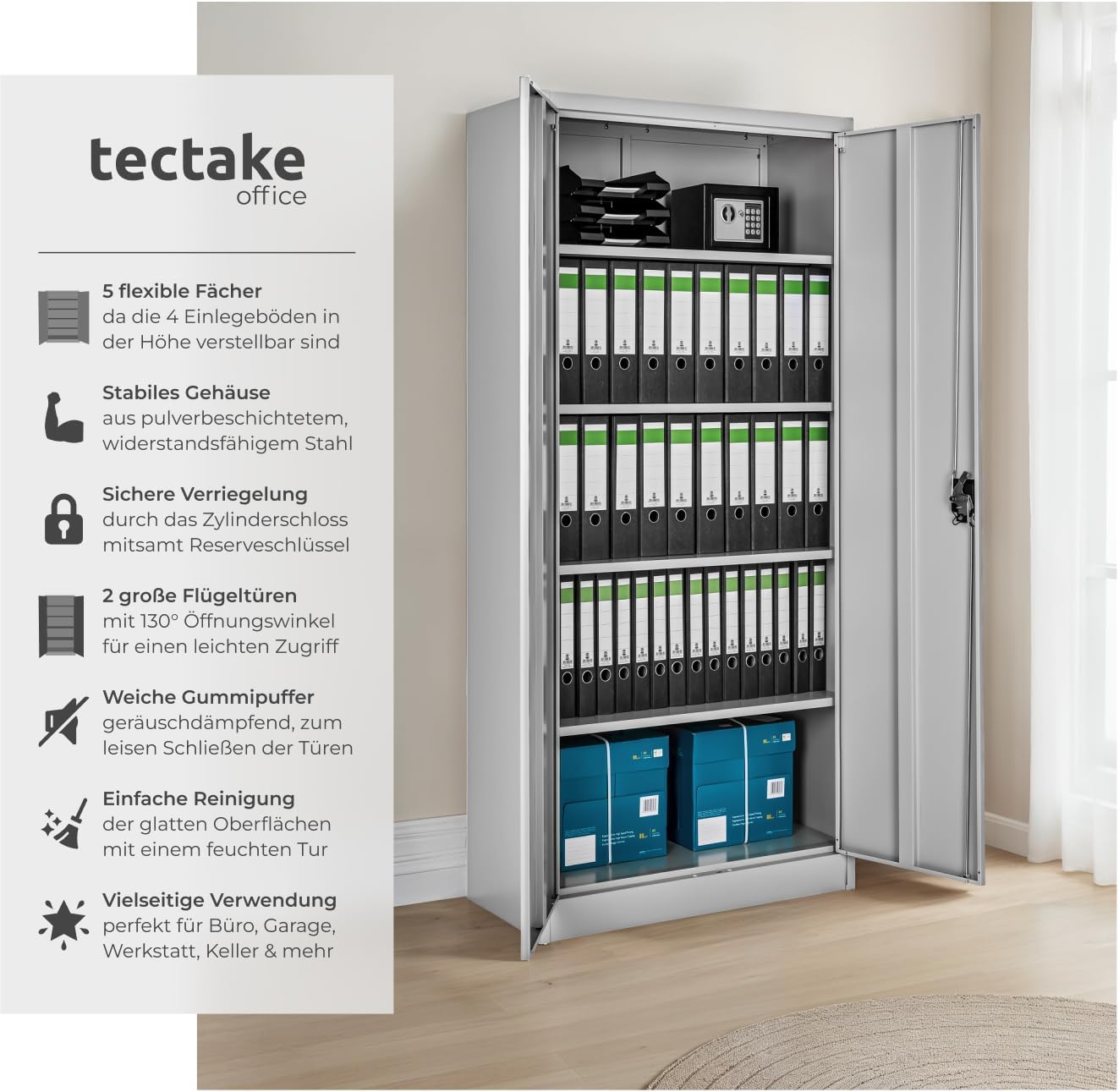 Thumbnail 3 de tectake® Aktenschrank abschließbar (180 x 90 x 40 cm) mit 2 Türen und 5 höhenverstellbaren Einlegeböden – grau