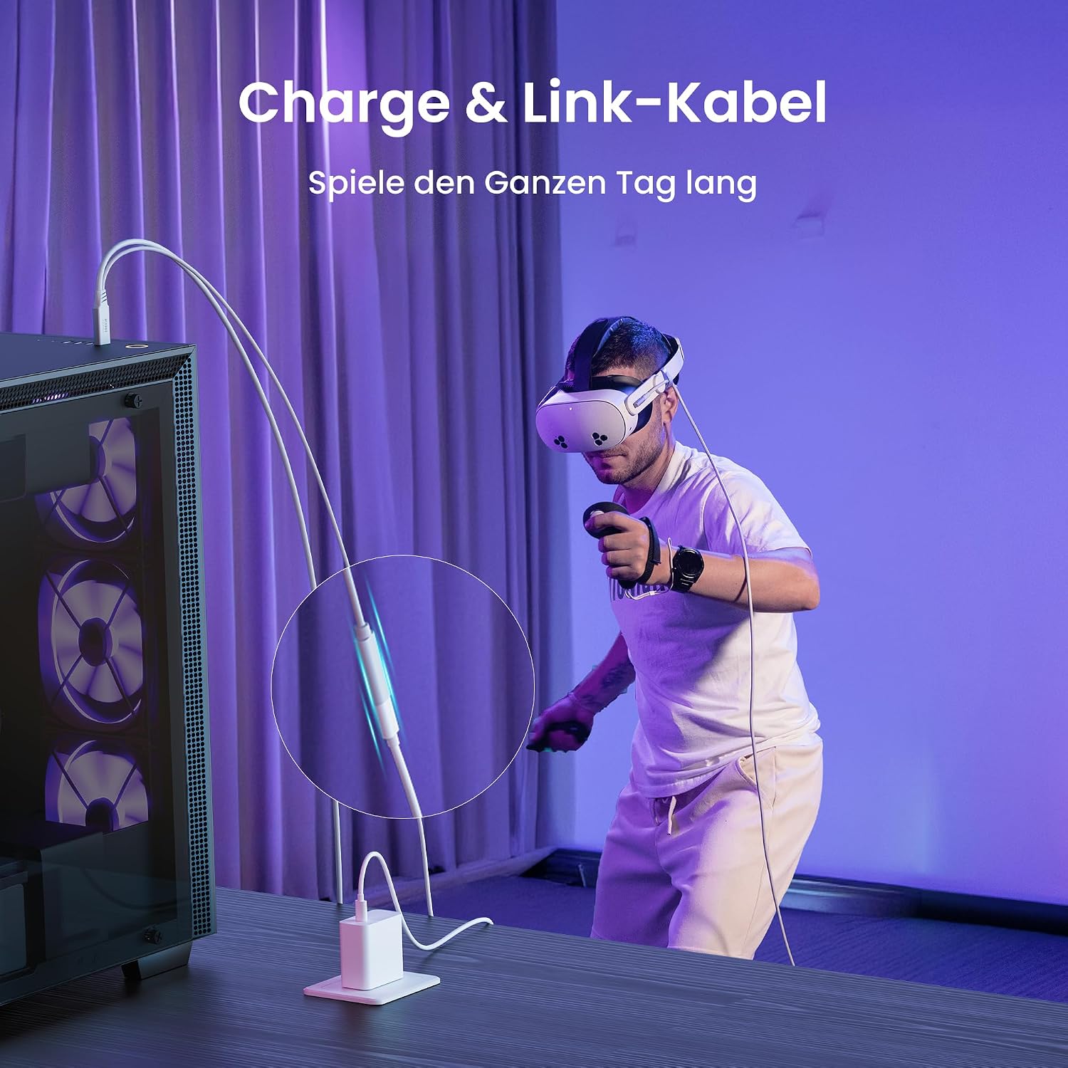Detalle de KIWI design Link-Kabel mit Ladefunktion, 5 m – USB 3.0 zu USB‑C für Meta Quest 3/3s/2/Pro und Pico 4