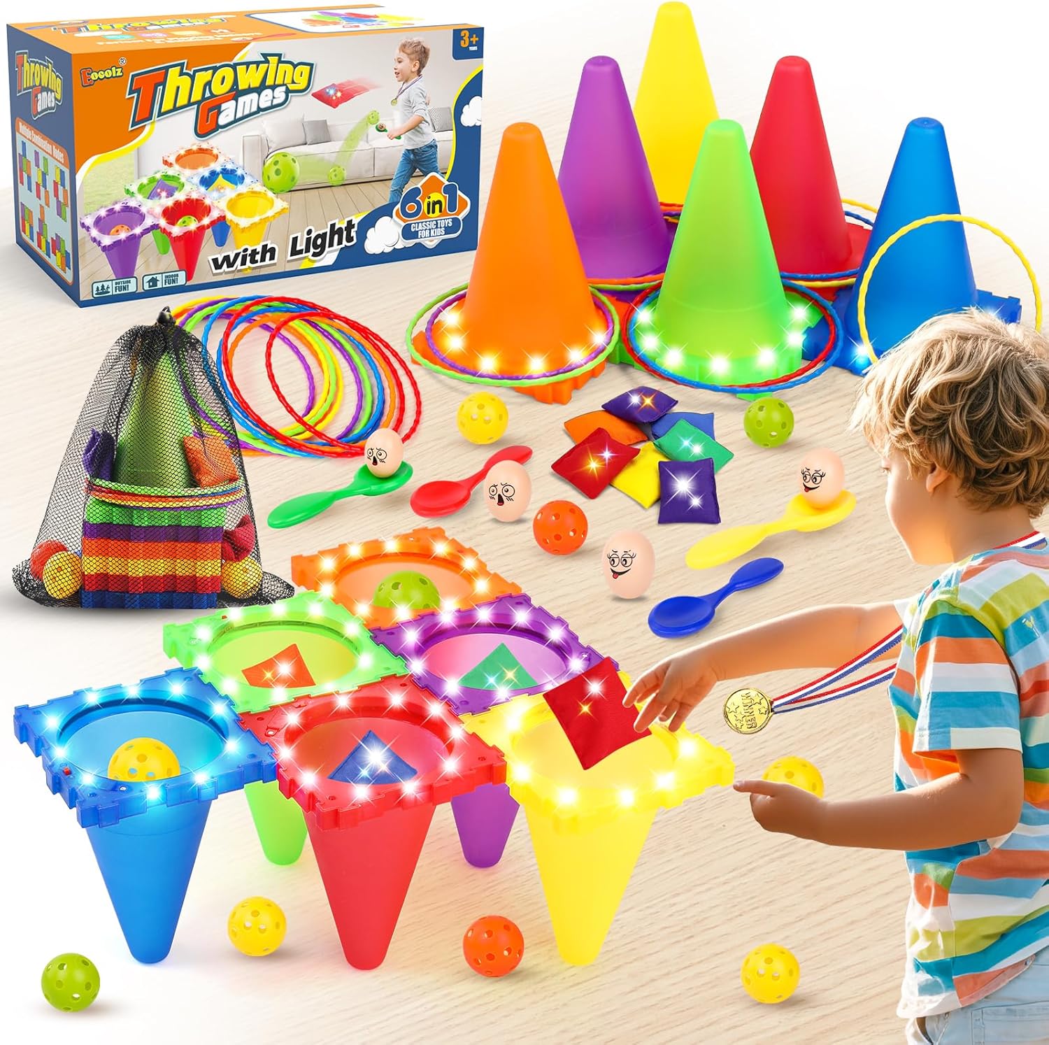 Thumbnail 6 de Eocolz Light Up Pylonen Kinder Outdoor Spiele LED-Kegel & Ringwurf-Set (6-in-1)