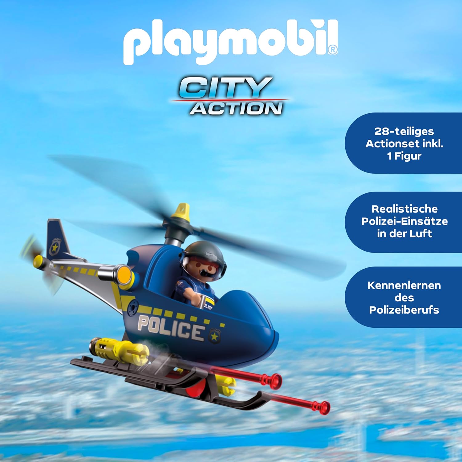 Detalle de PLAYMOBIL City Action Polizeihelikopter 72080 – mit drehbaren Rotoren, 2 Kanonen und Polizeistandard