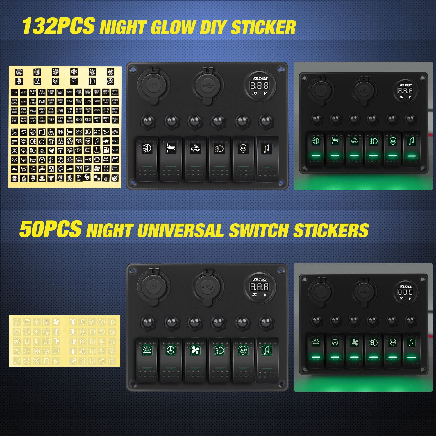 Detalle de Nilight 90123F 6-Gang Rocker Switch Panel (Green Backlit) with Dual USB Charger, Digital Voltmeter & Overload Protection
