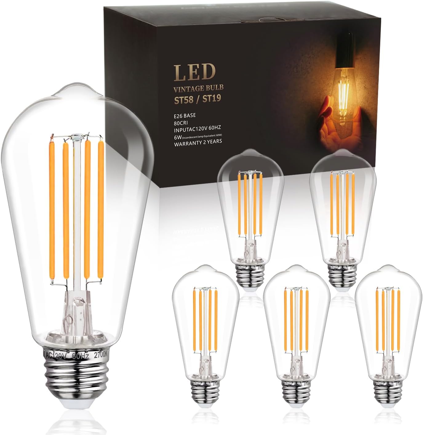 Detalle de BORT ST586W ST58 Vintage LED Bulbs, 6-Pack, 6W, 2700K, Dimmable, E26