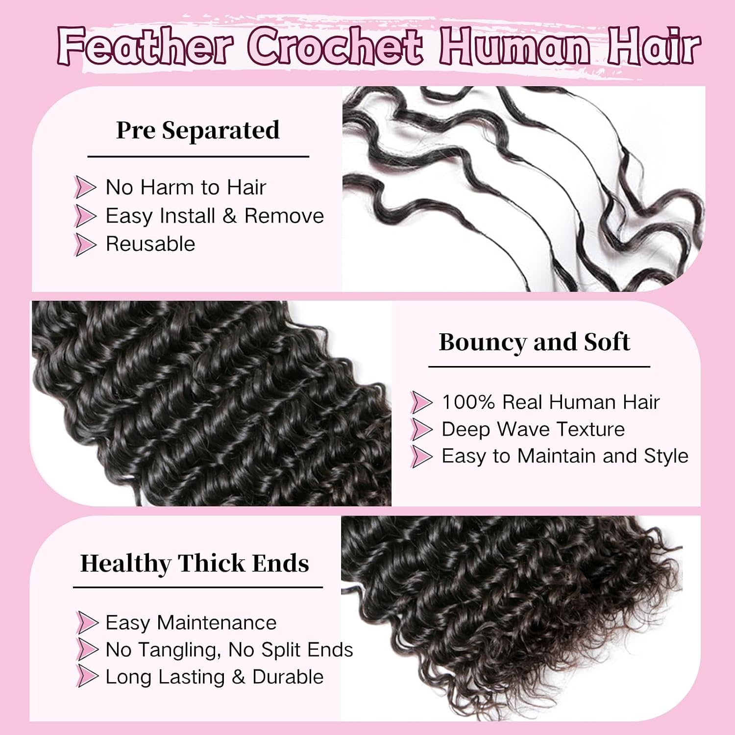 Thumbnail 2 de Human Crochet Hair Deep Wave 18 Inch Knotless 100g - 80 Strands, 100% Human Hair