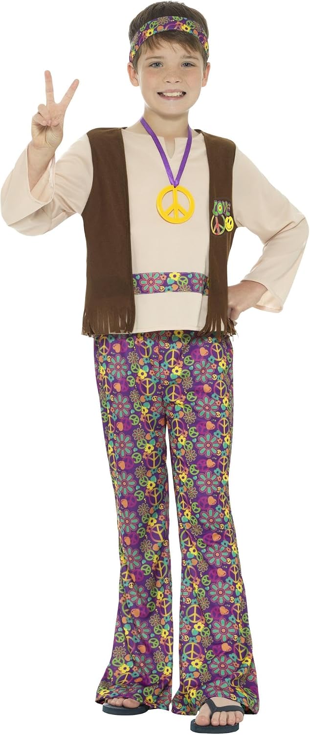 Detalle de Smiffys Hippie Boy Kostüm - Kinder Größe M (7–9 Jahre) mit Oberteil, Weste, Hose, Medaillon & Stirnband