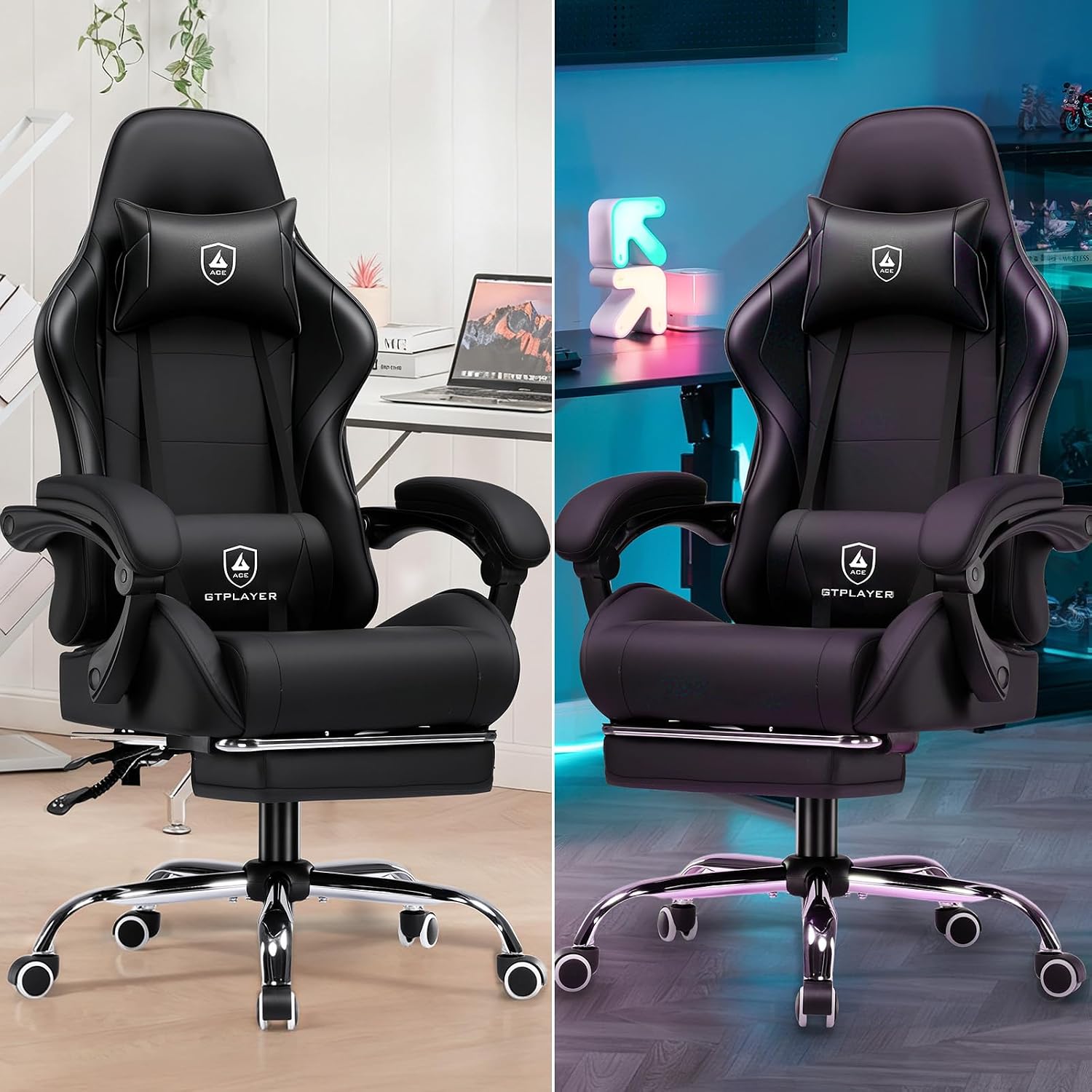 Detalle de GTPLAYER WDJ01-BLK gamingstoel met massage-lendensteun, voetensteun en zwart design