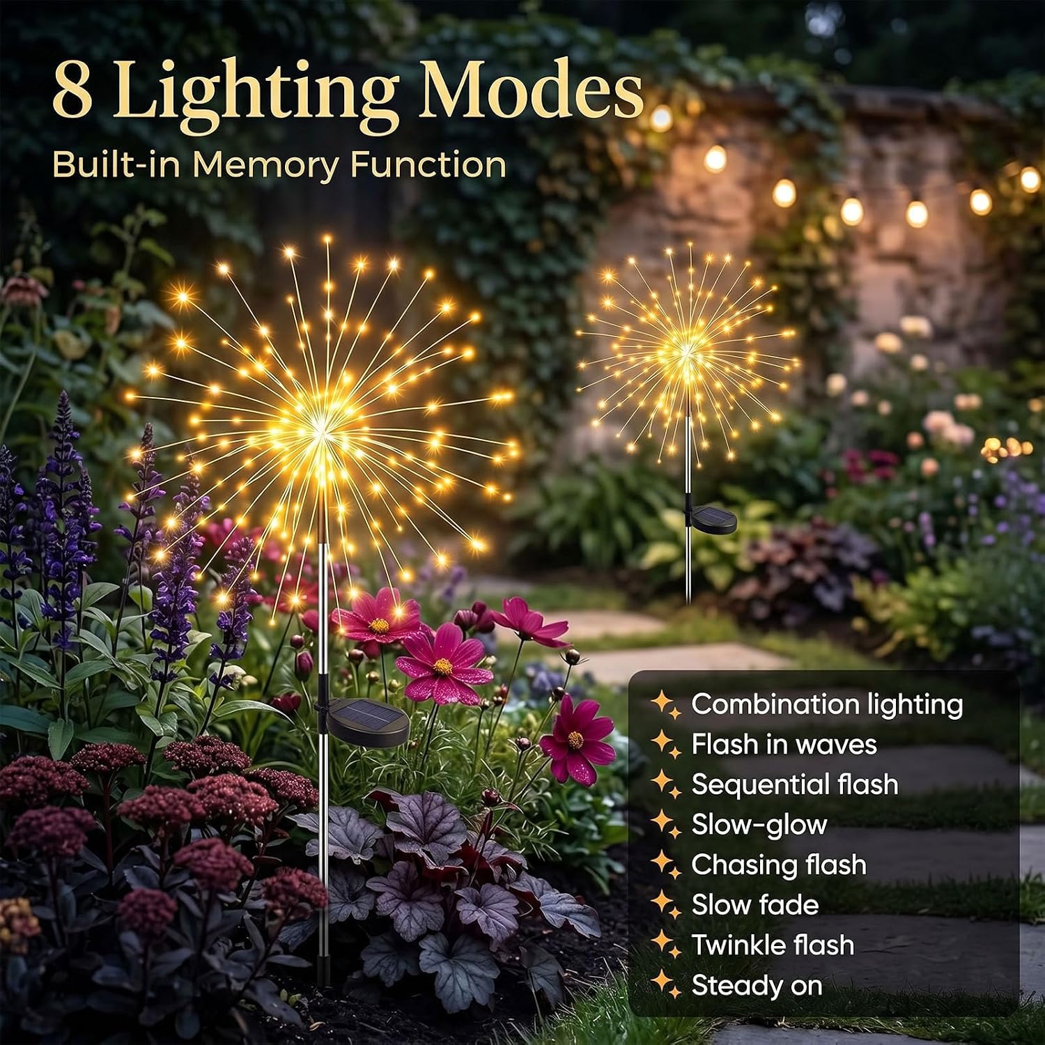 Detalle de Yowin Firework Solar Lights Outdoor Garden 4 Pack – 120 LED Dandelion Copper Wire Stake Lights
