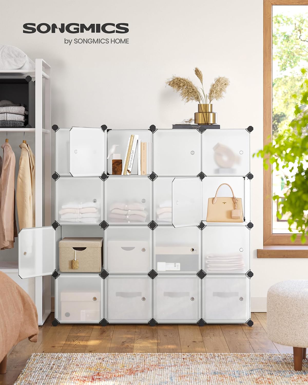 Detalle de SONGMICS Regalsystem: Schuhregal-Set aus 16 Würfeln, Kleiderschrank aus Kunststoff mit Türen – weiß (LPC44BS)