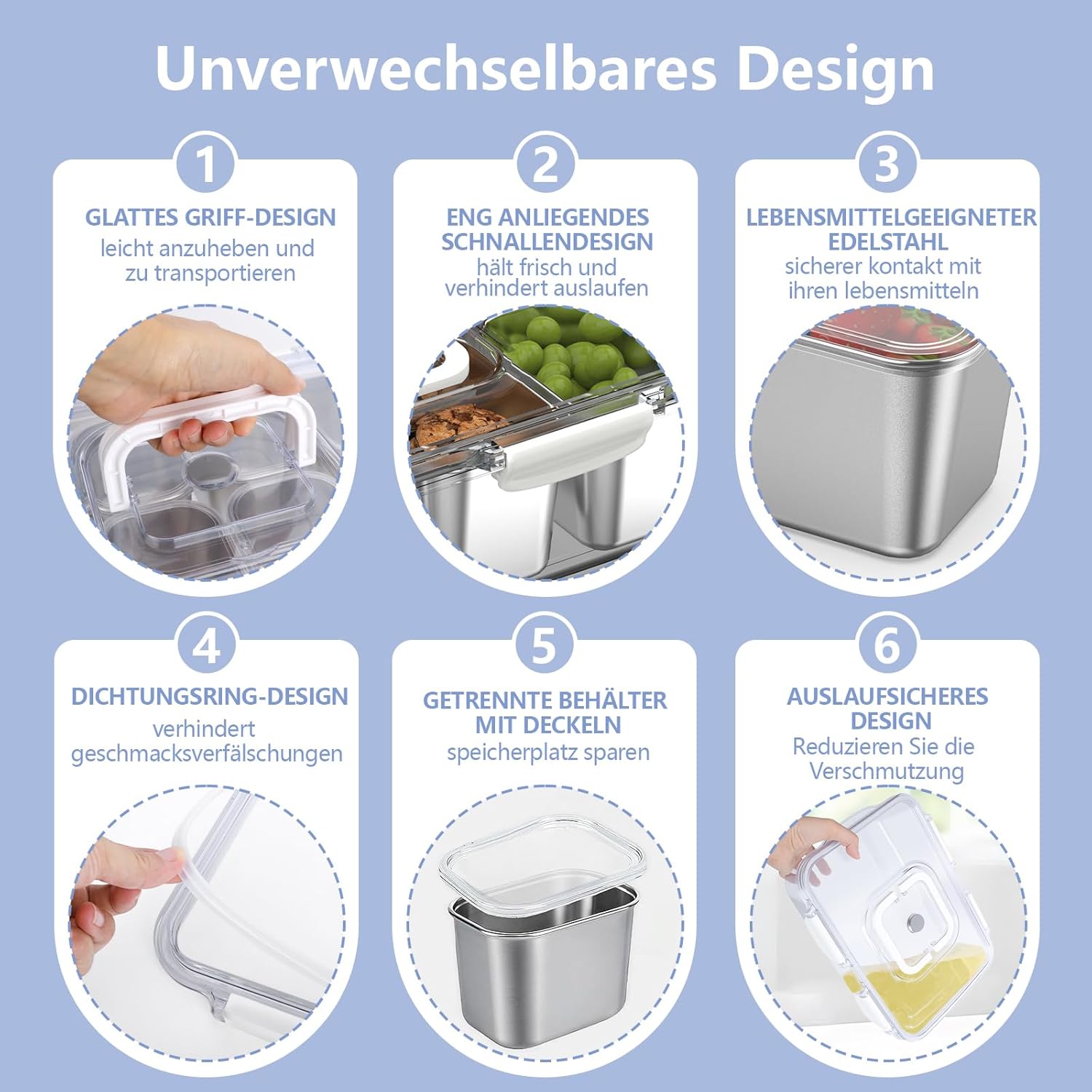 Detalle de JINDUN Snackbox mit 8 Edelstahl Fächern – hygienische Aufbewahrung mit 8 Deckeln