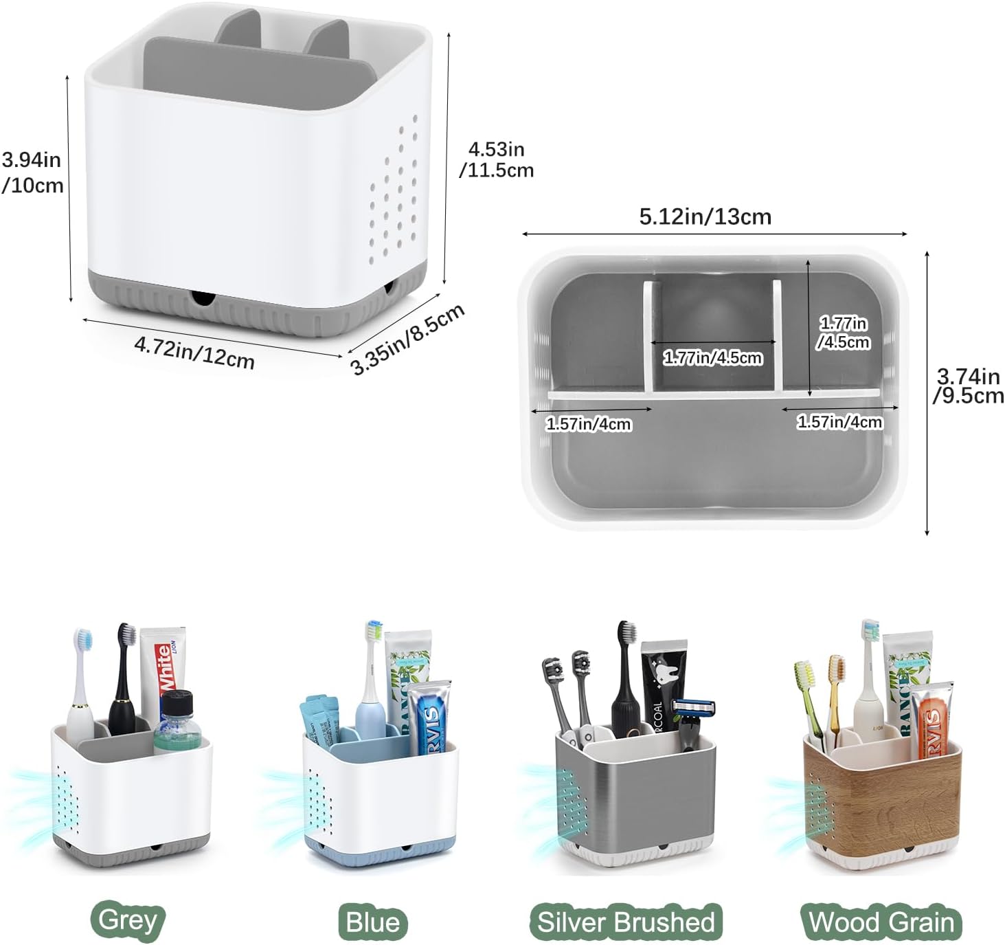 Thumbnail 6 de Toprance Electric Toothbrush Holder with 4 Compartments, Anti-slip Base & Detachable Caddy