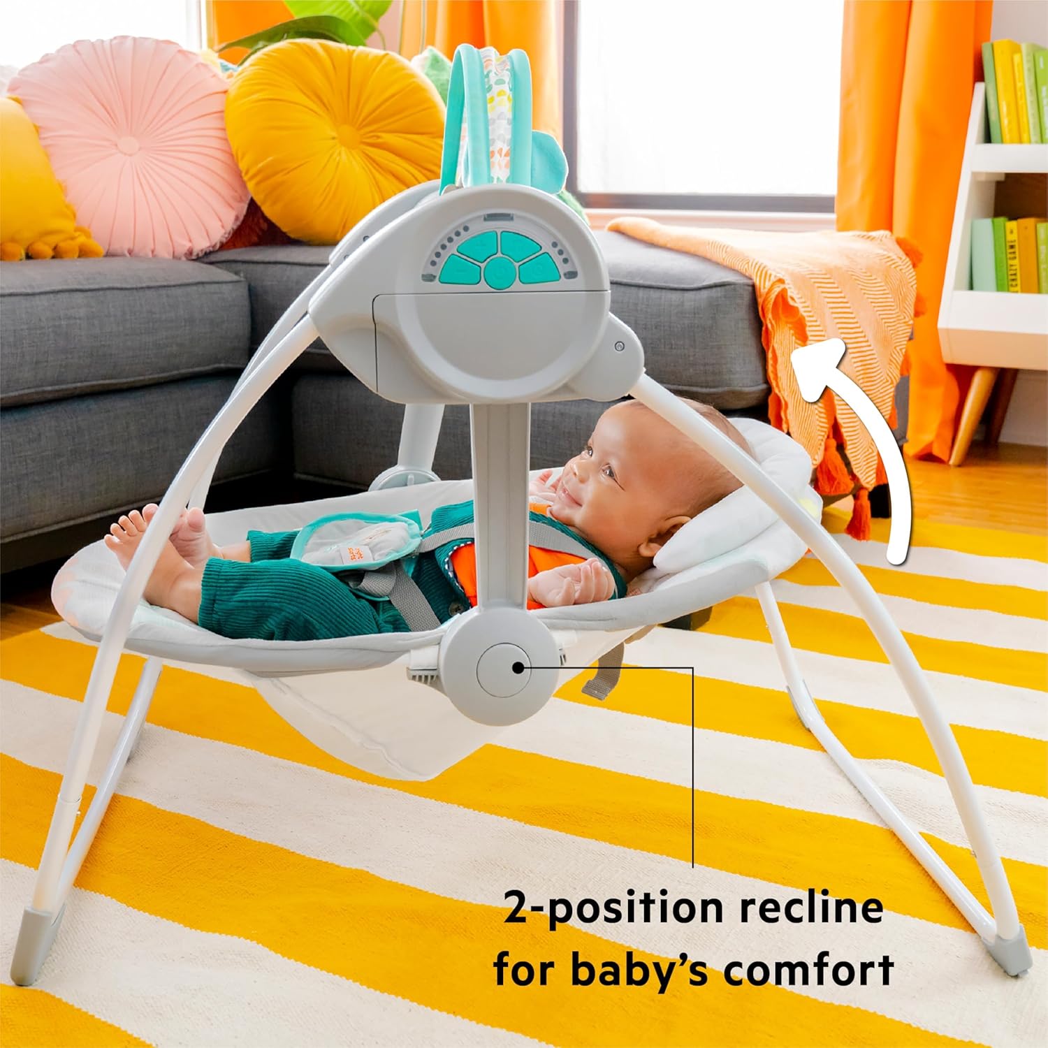 Detalle de Bright Starts Balancelle Compacte Whimsical Wild — balancement 6 vitesses avec arche amovible et deux jouets