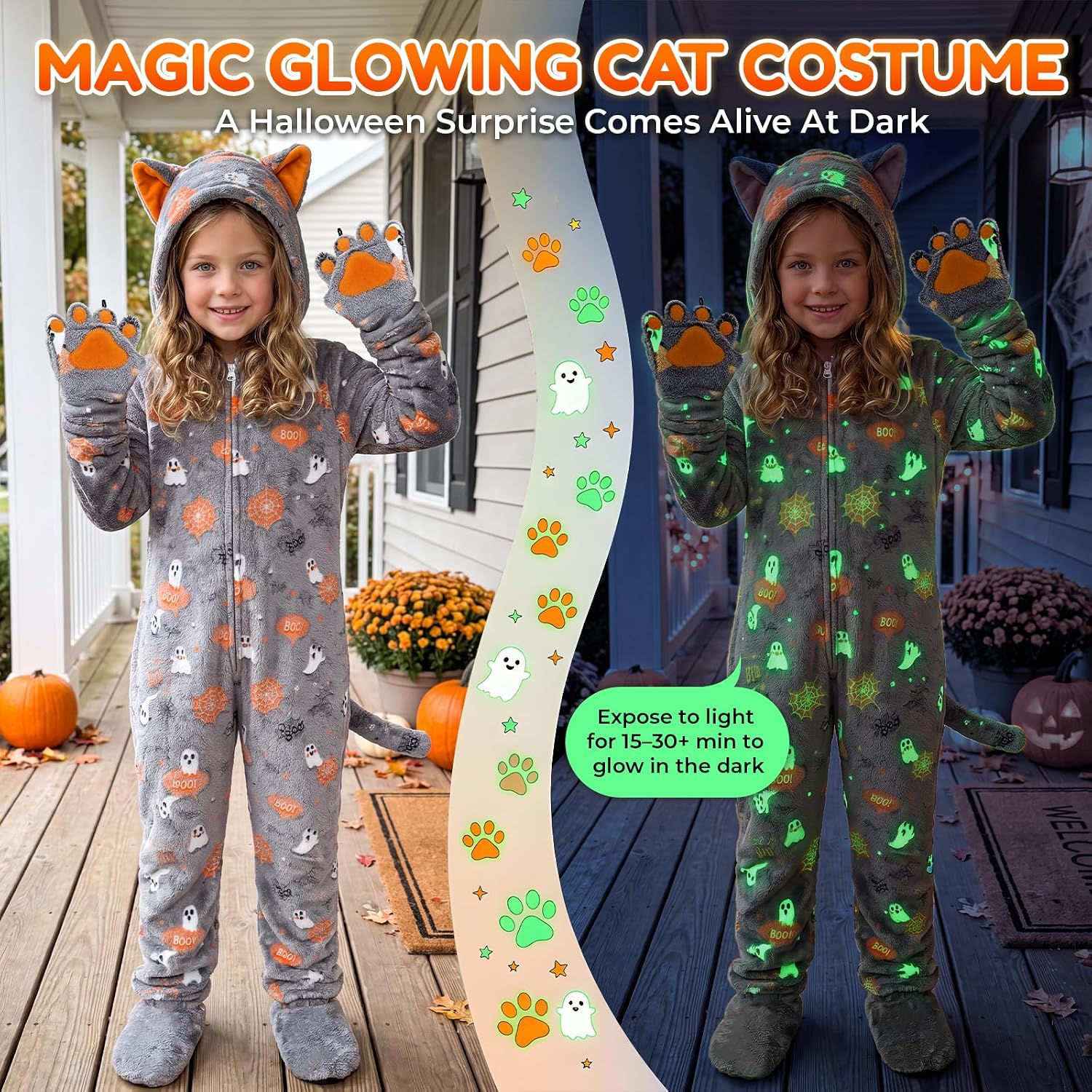 Thumbnail 3 de Joycover Glow-in-the-Dark Black Cat Costume for Kids, Fleece Onesie with Purse