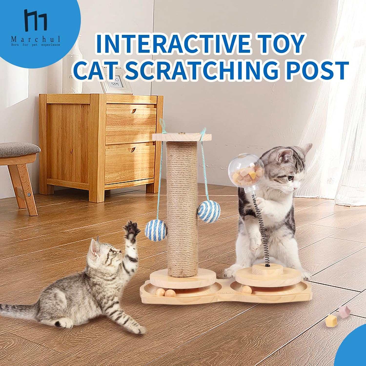 Detalle de Marchul 4 in1 Interactive Cat Toy: Natural Sisal Scratcher, Feeder & Roller Track Ball
