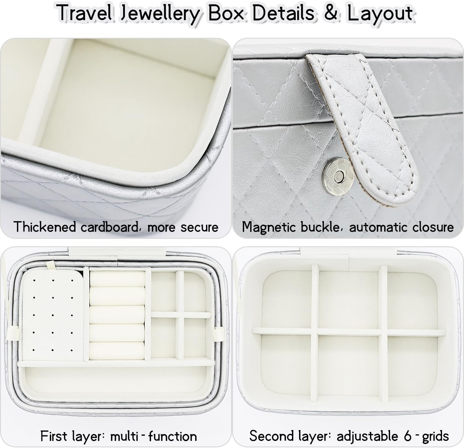 Thumbnail 2 de Boxudeli Schmuckkästchen „2-Ebenen“ mit Magnetverschluss – Reise-Schmuck-Organizer aus Kunstleder (Silbergrau)