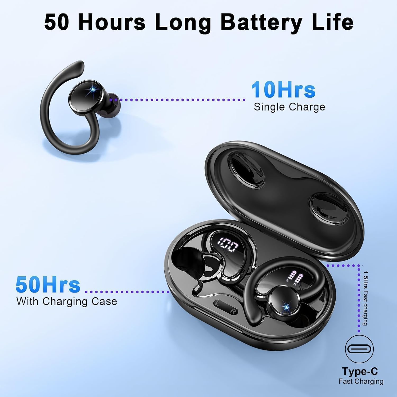 Detalle de Matast Wireless Earbud Bluetooth 5.4 with Earhooks – IP7, 50h Playtime, ENC Noise Cancelling