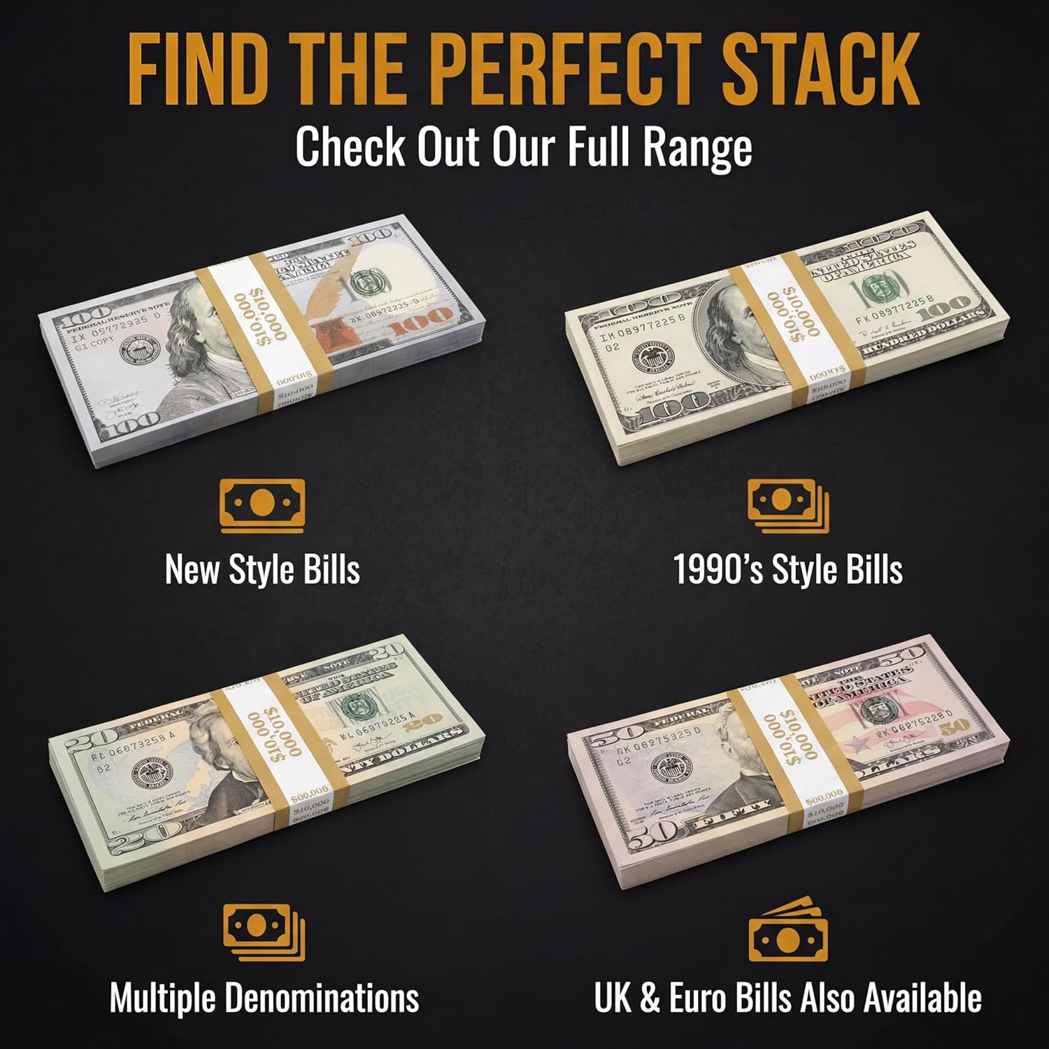 Thumbnail 6 de Big Screen Stacks prop money fake dollars ($10,000 full print) – 100 double-sided notes for film, TV, photography & more (UK)