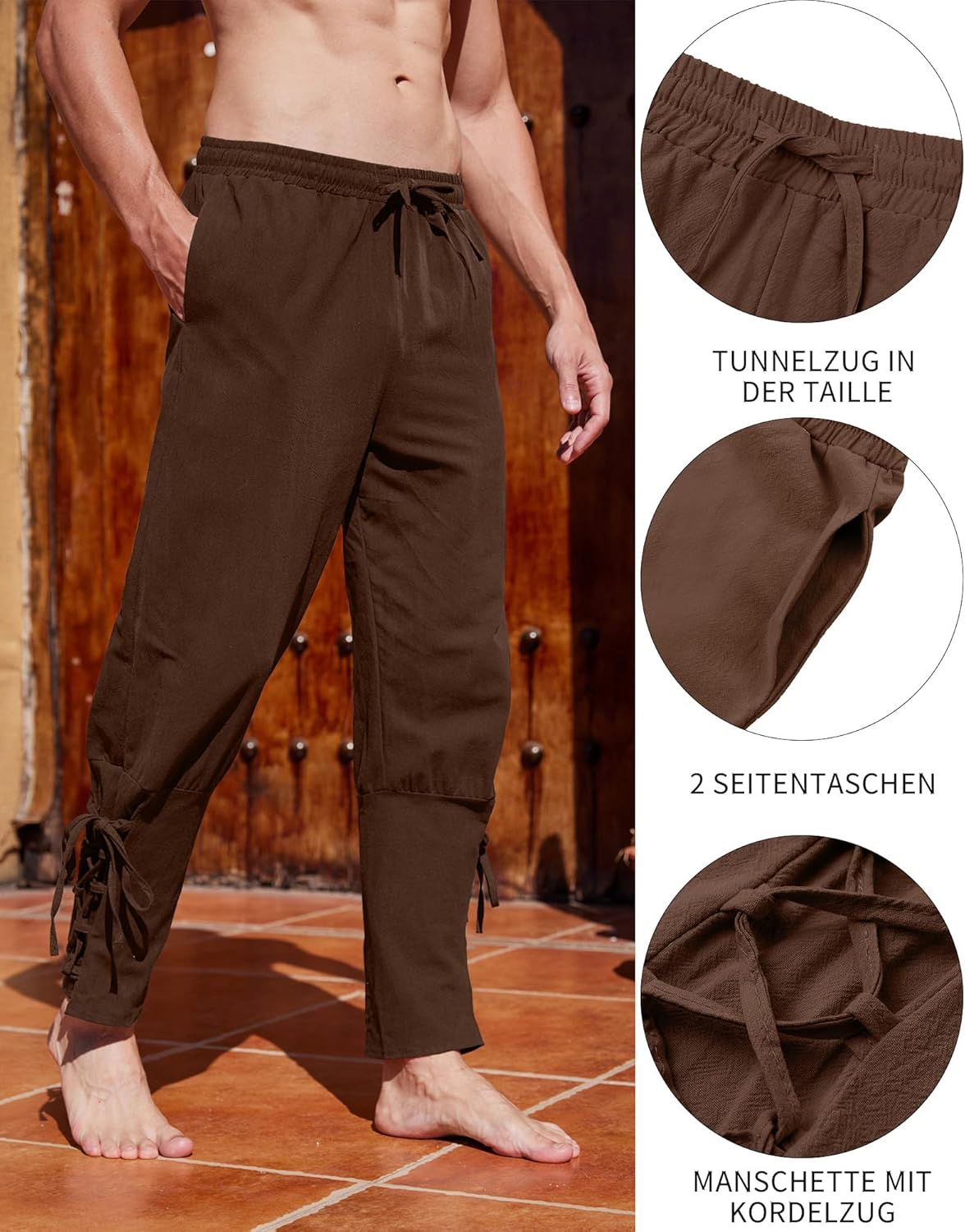 Thumbnail 4 de YAOBAOLE Leinenhose Herren Mittelalter/Wikinger/Piraten – lang, locker mit Taschen und elastischem Bund