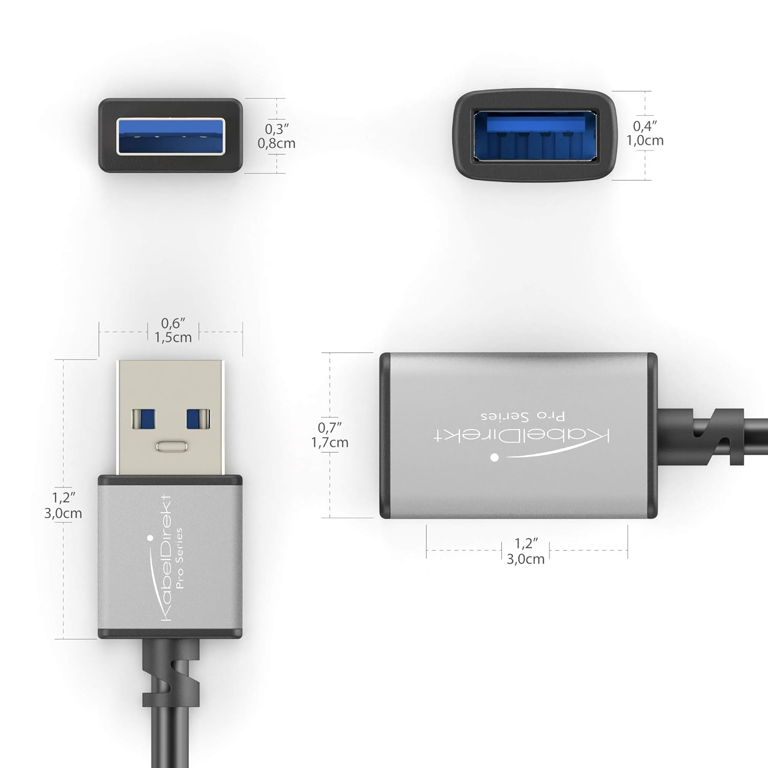 Detalle de KabelDirekt USB A 3.0 Verlängerungskabel – 2 m, USB-A auf USB-A, schwarz/space grey