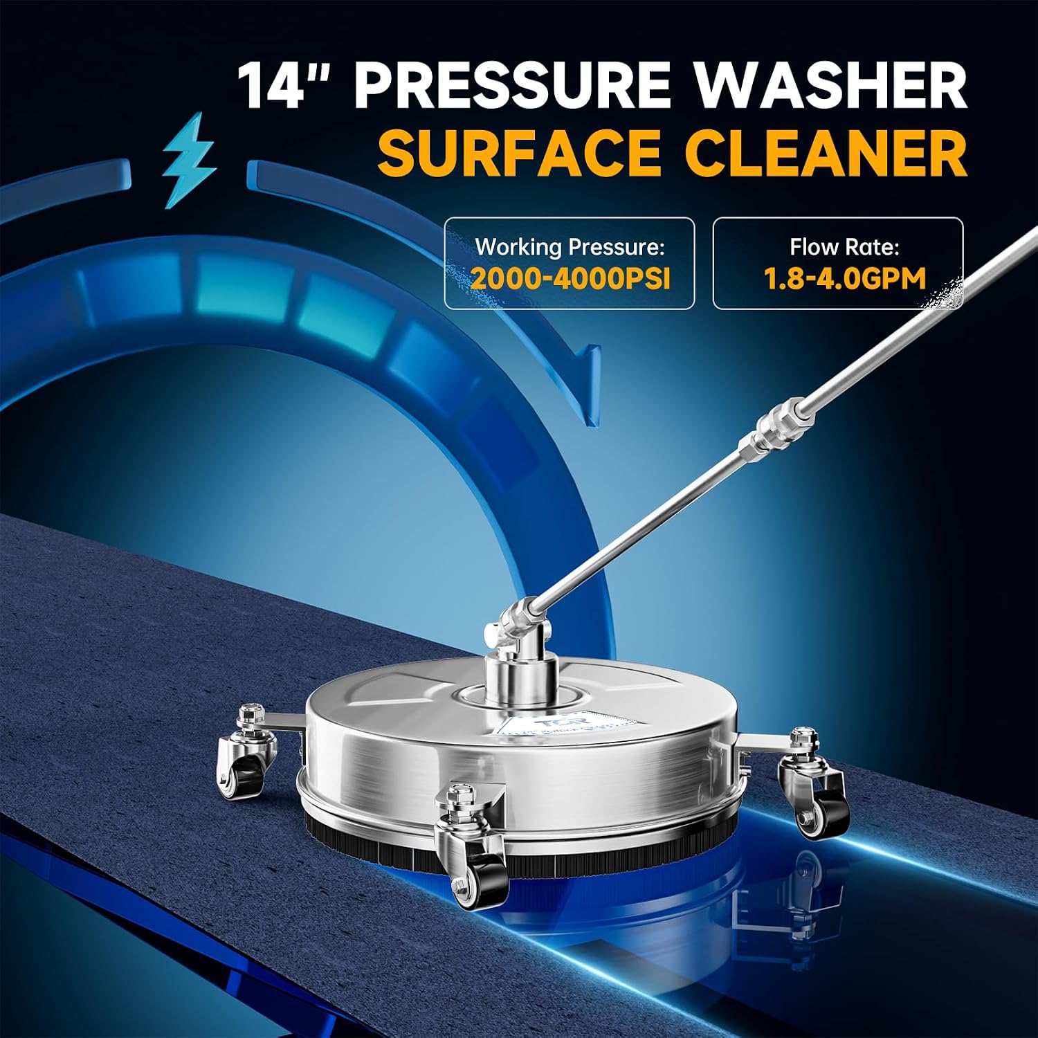 Detalle 1 de TOR 14-Inch Pressure Washer Surface Cleaner, 4000 PSI, Stainless Steel