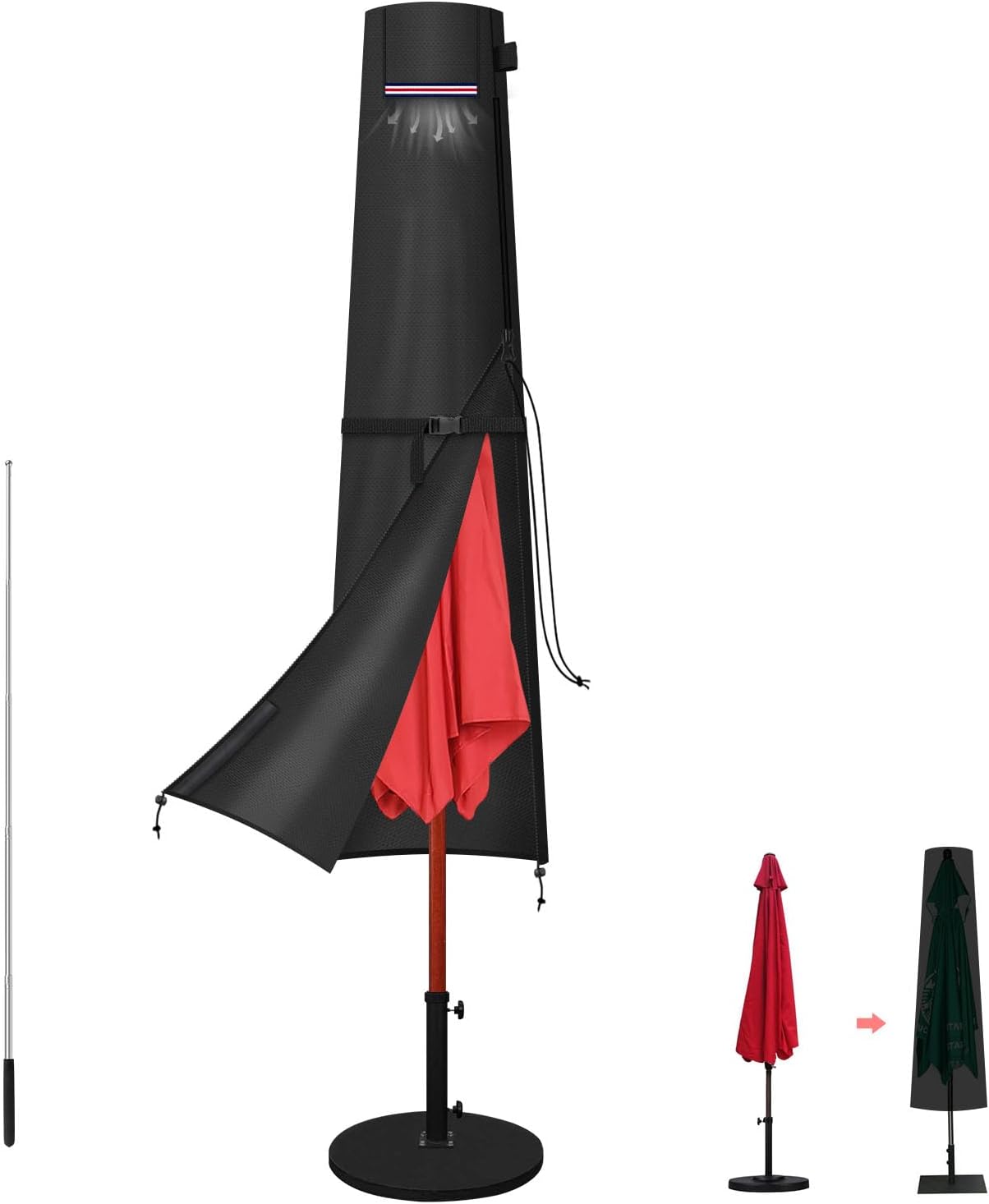 Detalle de LAMUNI Housse Parasol Droit 2m à 3m avec Tige et Zip – Protection durable pour parasol de jardin