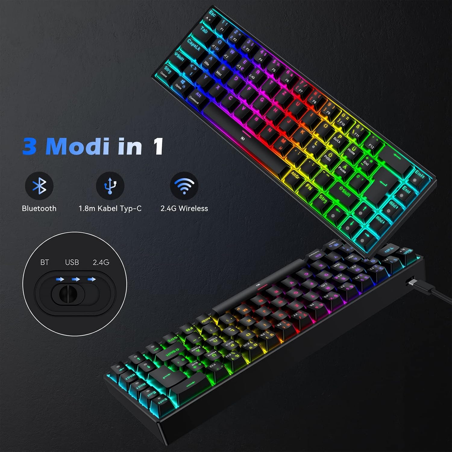 Detalle de TECURS Gaming Tastatur Kabellos – 65% TKL Mechanische Tastatur mit roten Switches, QWERTZ Deutsches Layout