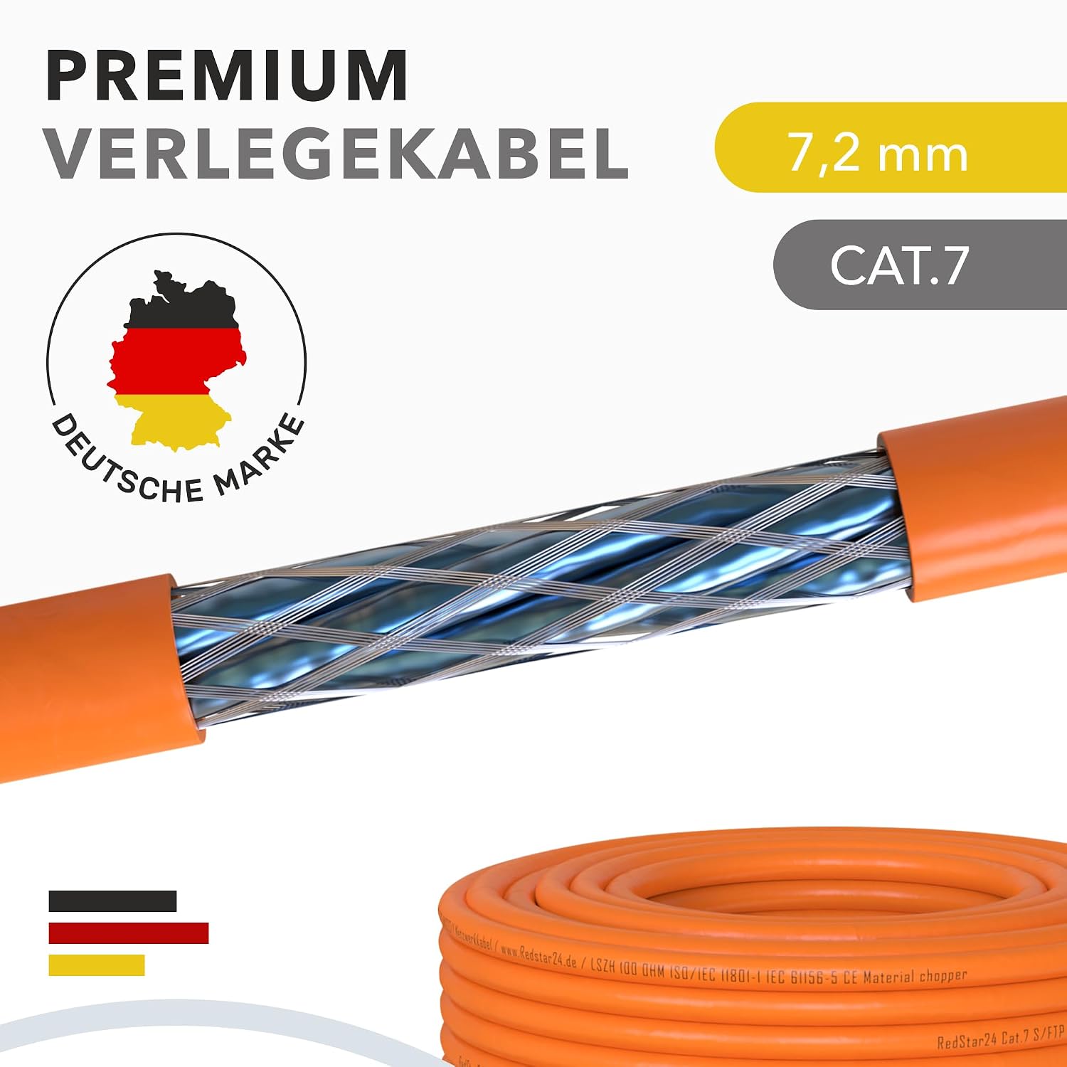 Detalle 2 de RedStar24 CAT 7 Verlegekabel 30m – S/FTP, PIMF, Kupfer, LSZH