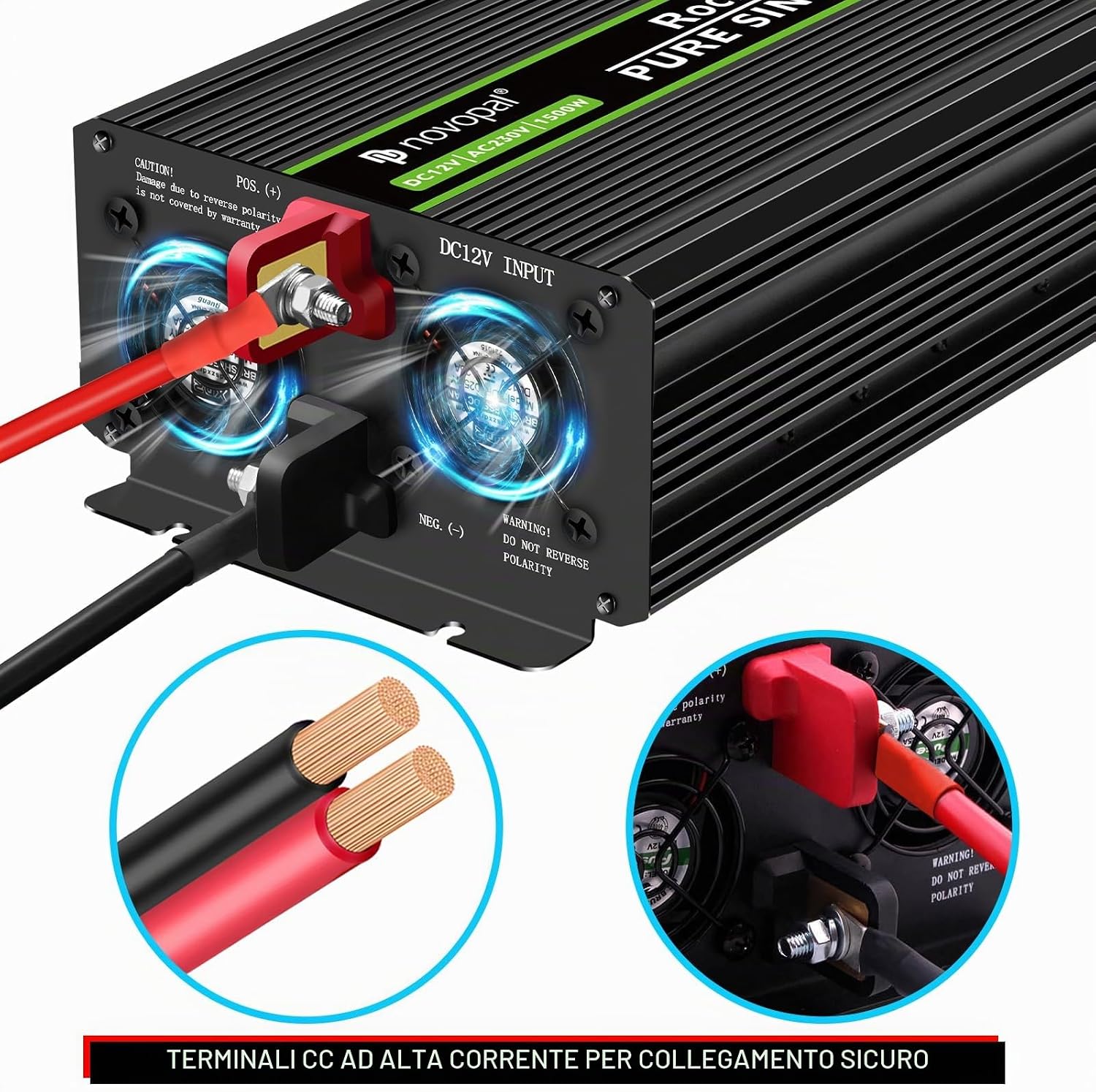 Thumbnail 2 de Novopal Power Inverter onda sinusoidale pura 1500W (12V DC → 220V/230V AC) con telecomando e 2 prese EU