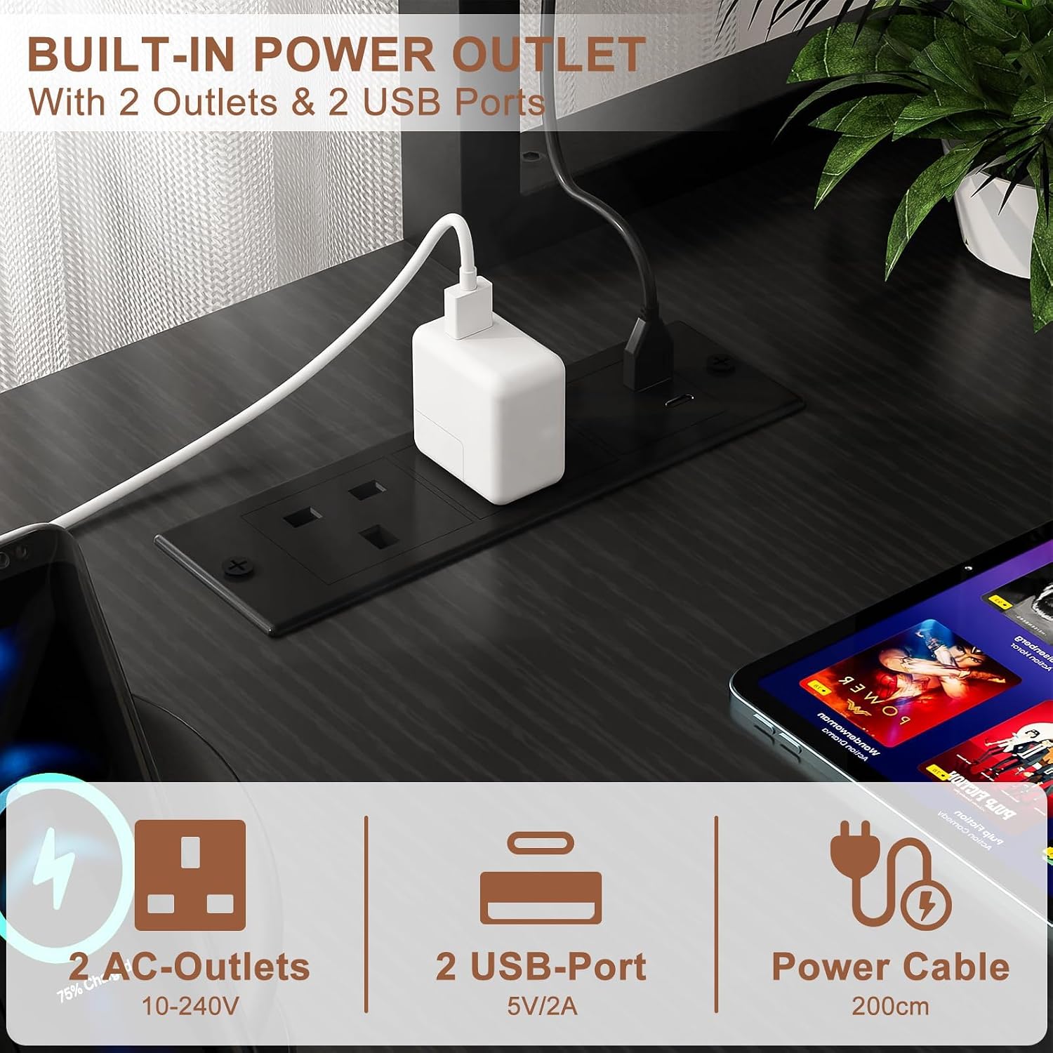 Detalle de iSunirm L Shaped Gaming Desk with Power Outlets & LED Lights