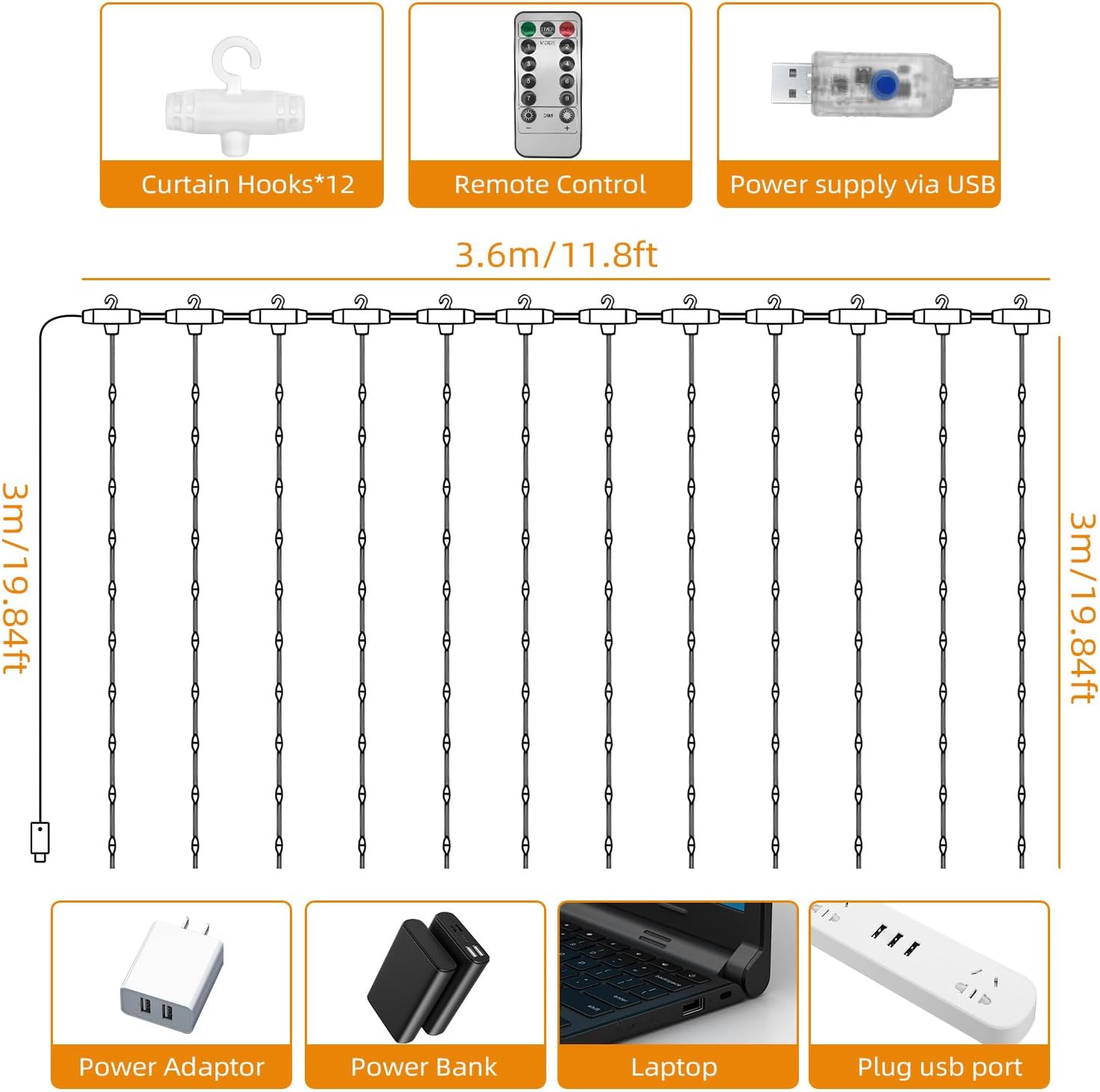 Thumbnail 3 de Jsdoin Curtain Fairy Lights 360 LEDs USB 8 Modes