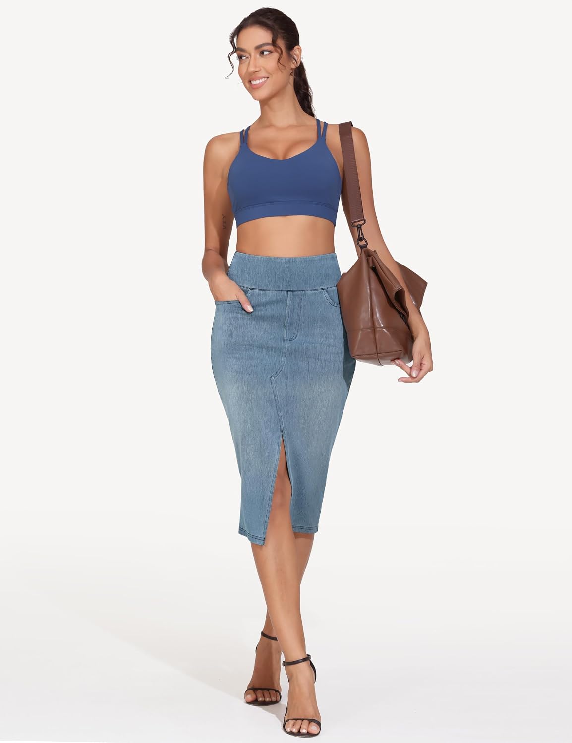 Thumbnail 4 de THE GYM PEOPLE Women's High-Waist Knee-Length Stretch Denim Skirt with Front Slit