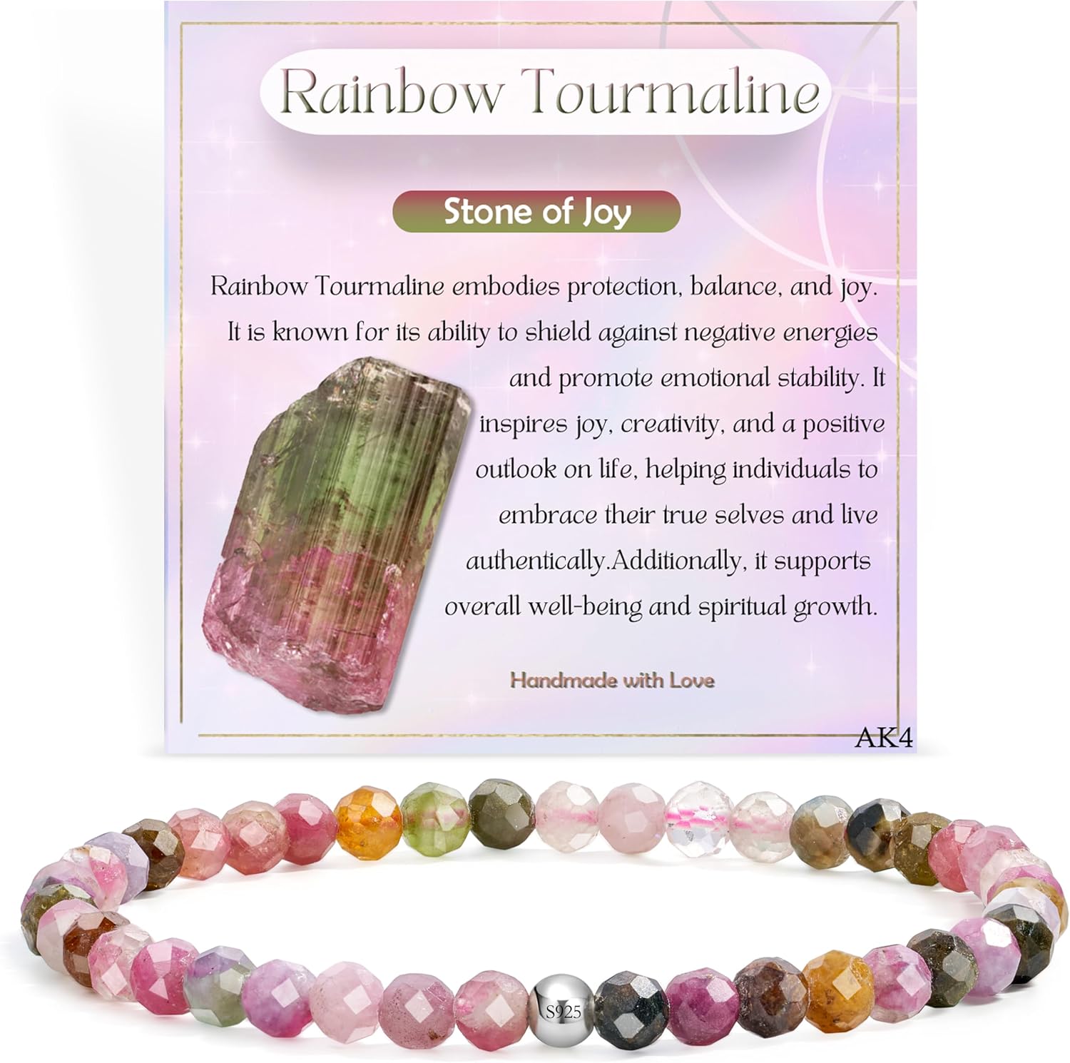 Detalle de Farfume Edelstein-Perlenarmband mit 4 mm Turmalin und 925 Sterling-Silber (elastisch, Chakra/Spirituell)