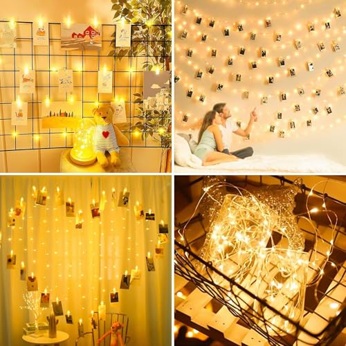 Detalle de CNMTCCO Guirnalda de 100 LEDs con clips para fotos, 10 m, funcionamiento con pilas y control remoto