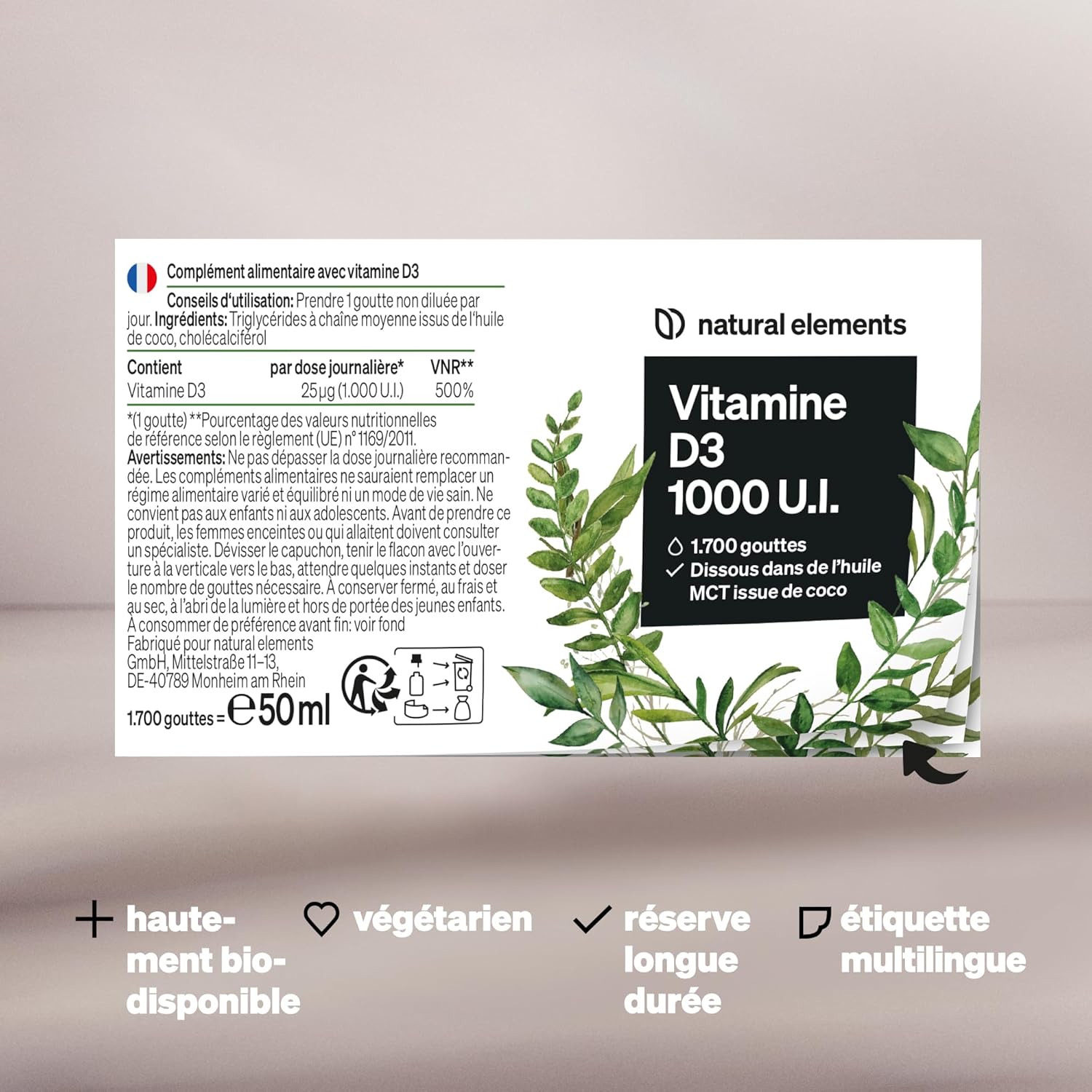 Detalle de Natural Elements Vitamine D3 1000 U.I. en gouttes – 50 ml (huile de coco TCM), fortement dosée