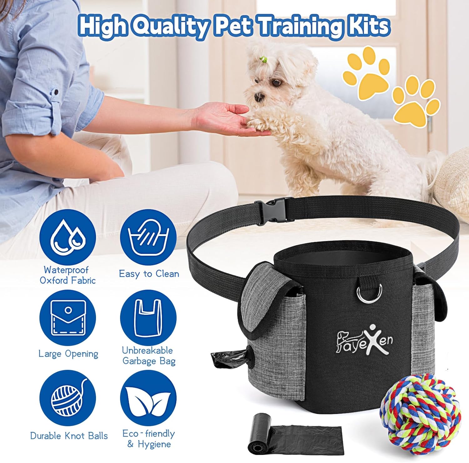 Detalle de Leckerlitasche für Hunde mit wasserdichtem Oxford-Gewebe, verstellbarem Gürtel & Kotbeutelspender – Bauchtasche fürs Training