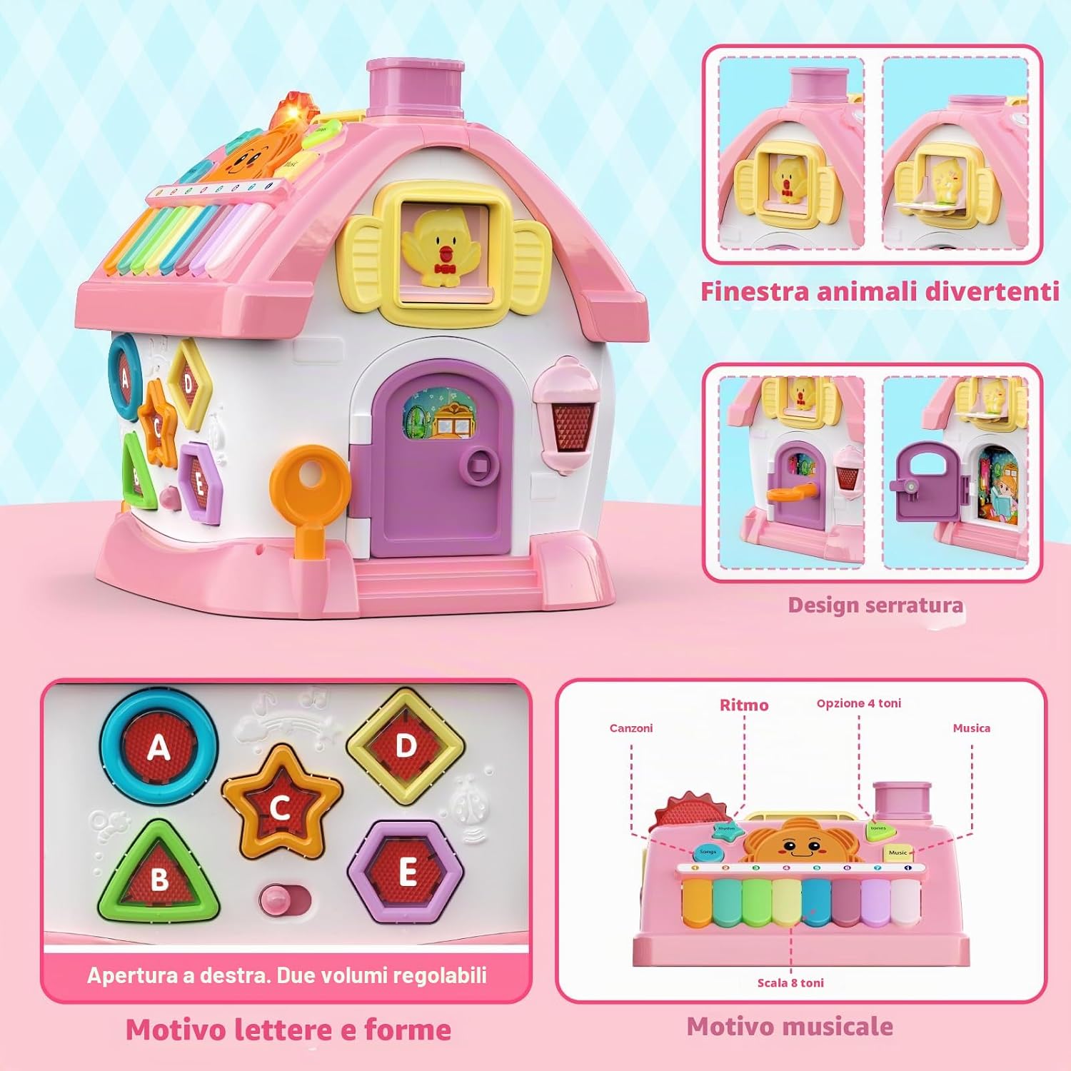 Detalle de Giochi Montessori 6 in 1 per Bambini 1–2 Anni: Casa Multifunzione con Musica, Orologio e Telefono
