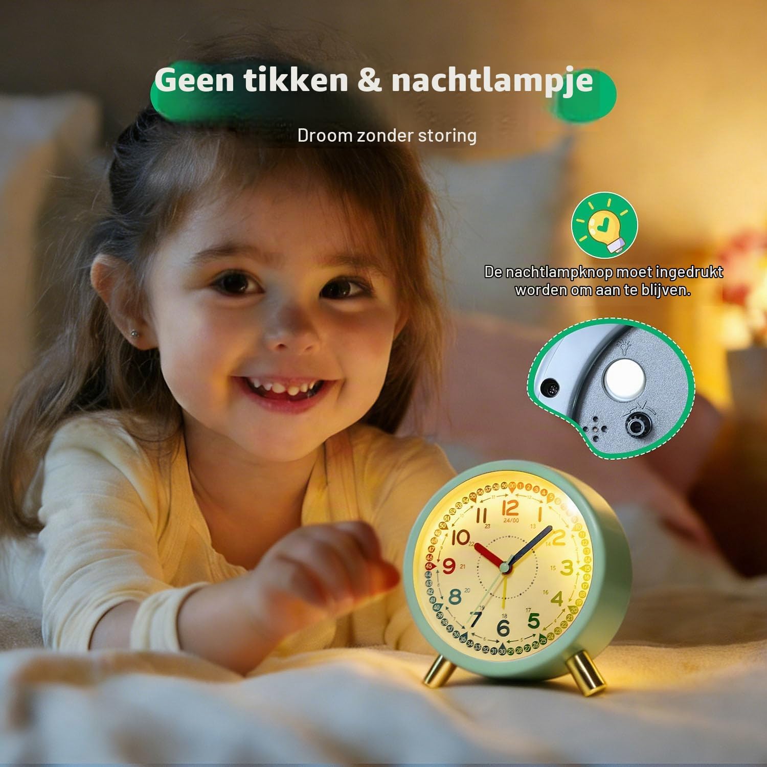 Detalle de Azxb kinderwekker, stille analoge klok met gekleurde wijzers en nachtlampje