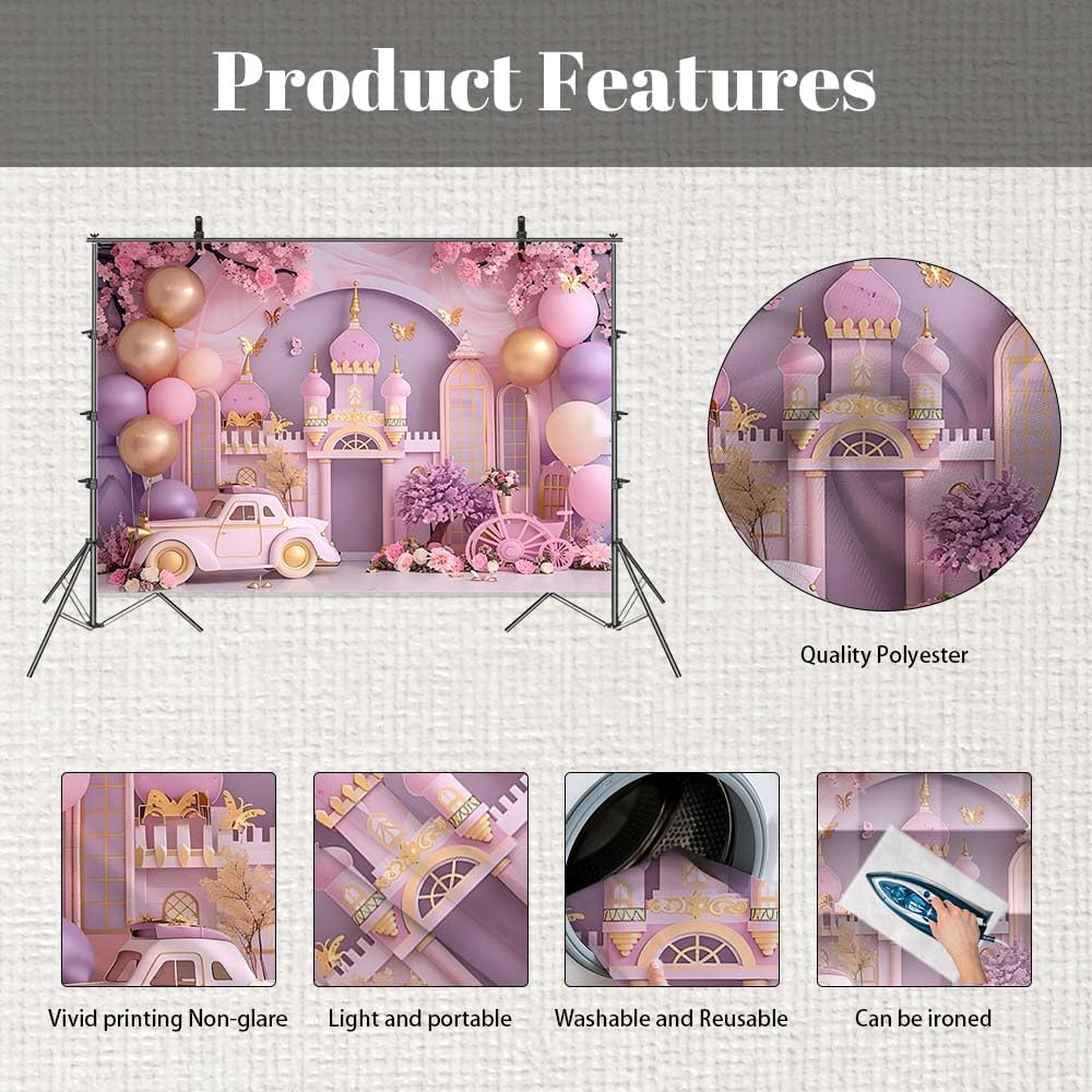 Thumbnail 4 de MEHOFOND 8x6ft Girl Birthday Photography Backdrop (Pink Balloon Castle & Floral Design)