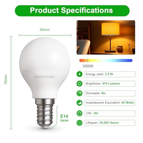 Detalle de bravotecno Ampoule E14 LED G45 2,5W 3000K – Lot de 6, équivalent 40W