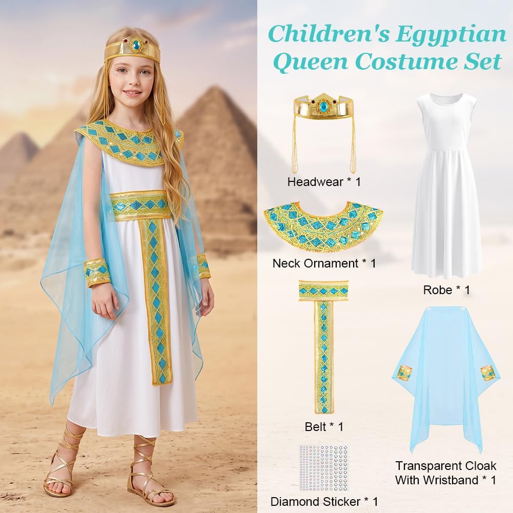 Detalle de AUYAO Egyptisch Cleopatra-kostuum voor meisjes, 6-delig, wit polyester