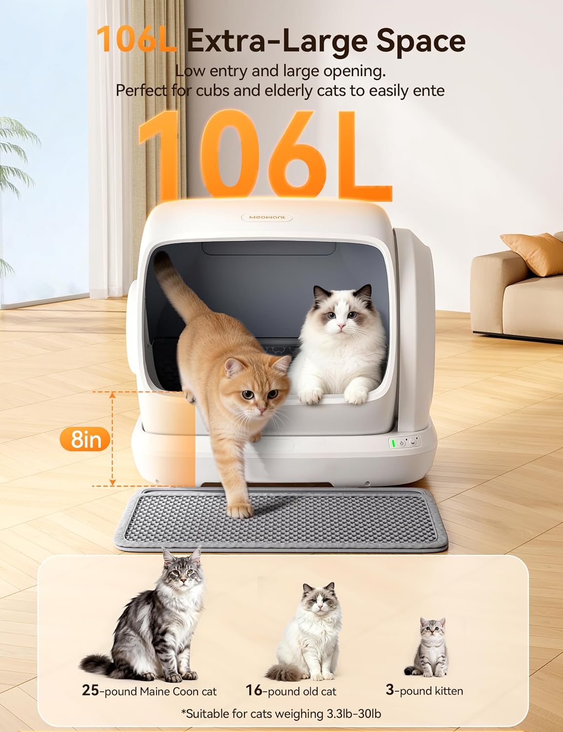 Detalle 2 de Meowant MW-SC09 Self-Cleaning Cat Litter Box, 106L, Low Entry, App Control