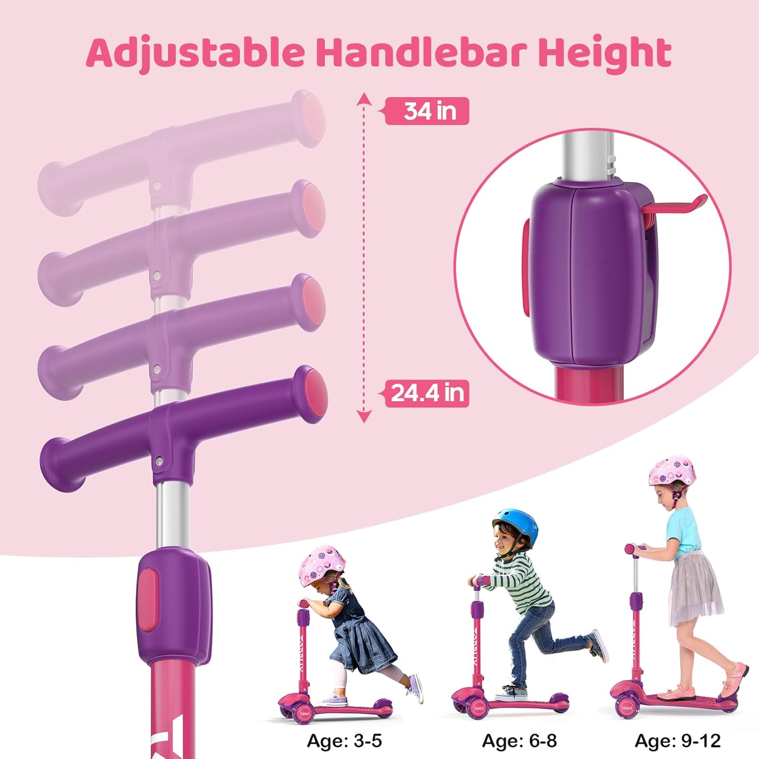 Detalle de TONBUX Kids Scooter (3-Wheel, Light-Up Wheels) — Folding, Adjustable Height Lean-to-Steer for Ages 3–12