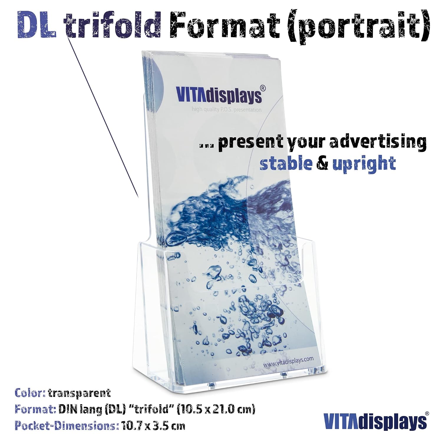 Detalle de VITAdisplays 2 porte-brochures DIN Lang (DL) en polystyrène transparent