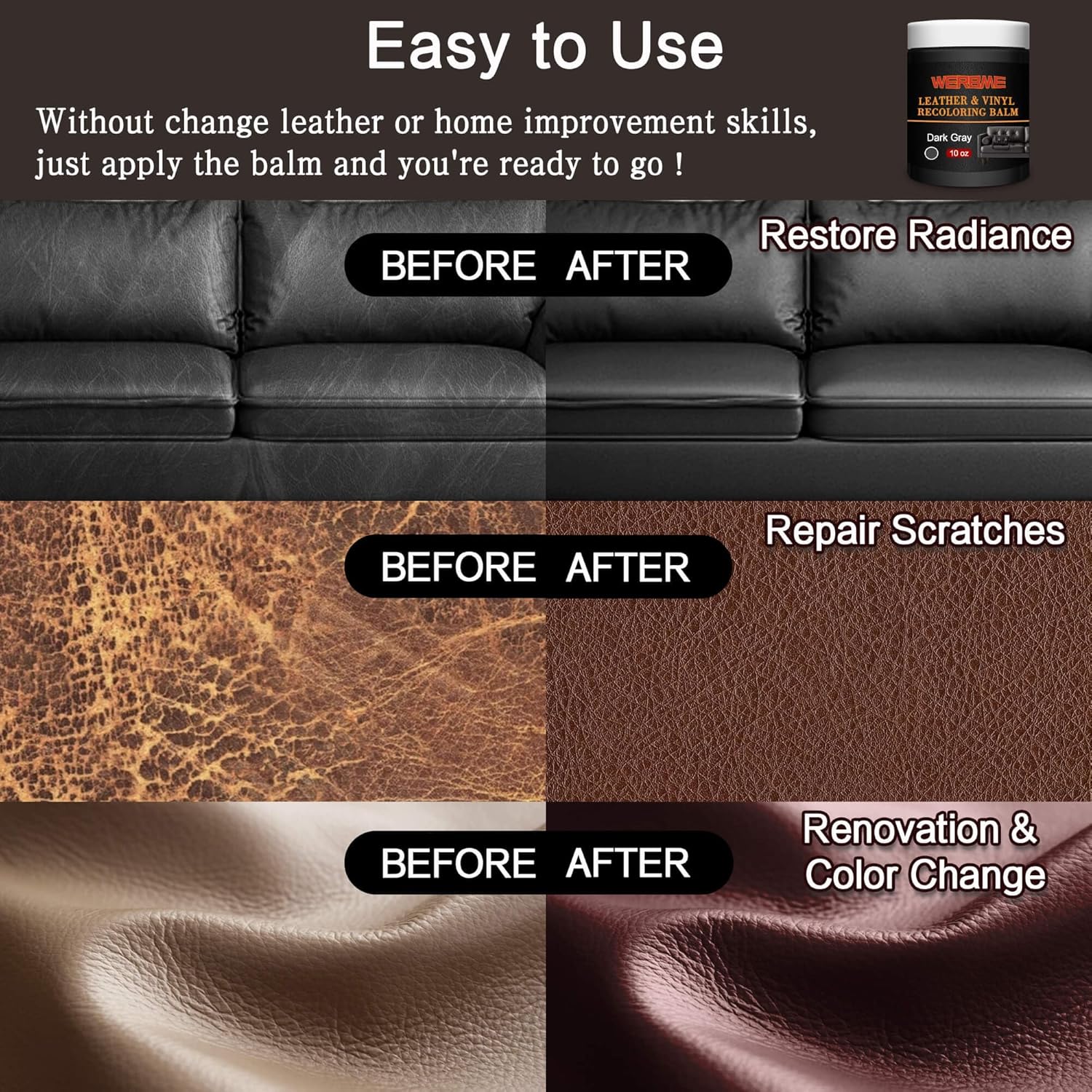 Thumbnail 2 de WERBME Leather Recoloring Balm & Color Restorer - 10 oz (Dark Gray) for Faded Leather