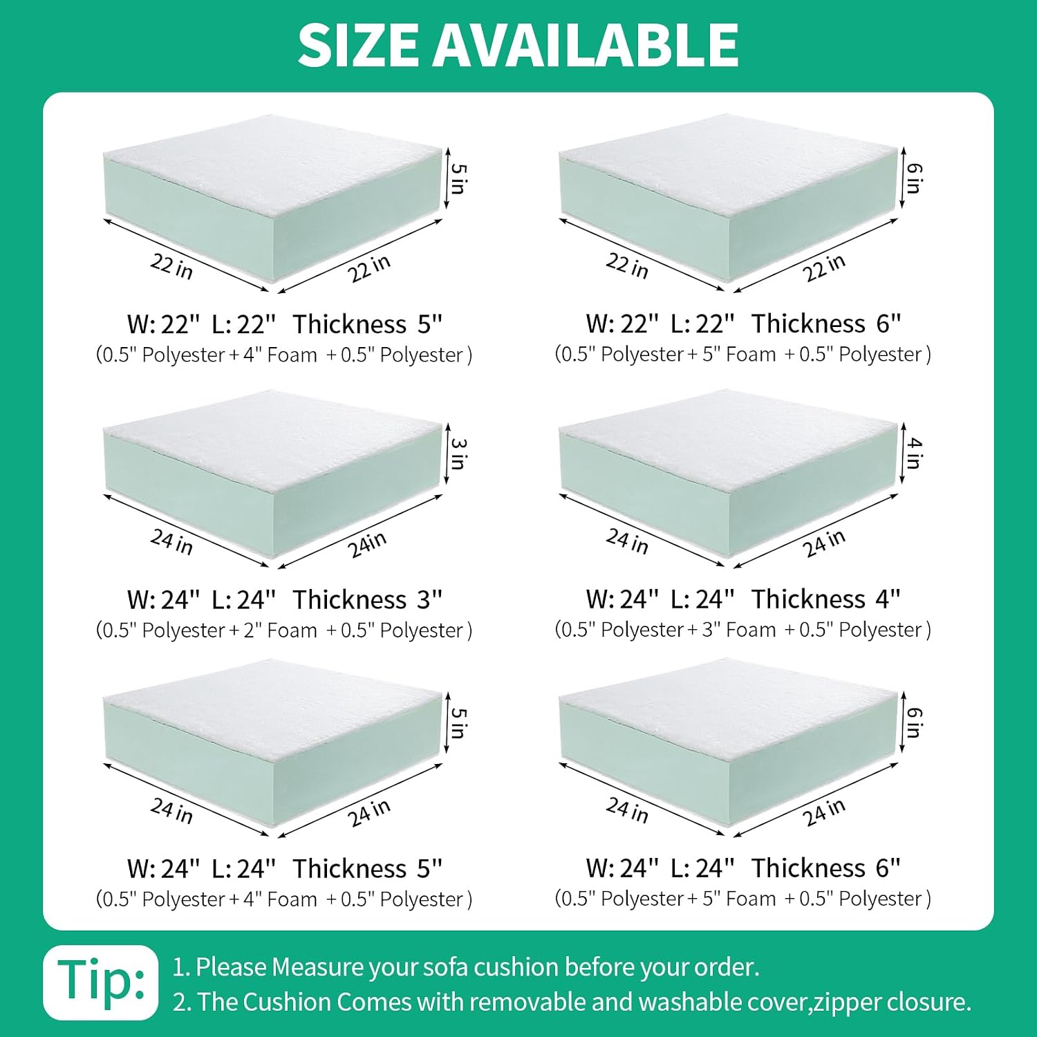 Thumbnail 6 de HOMBYS foam cushion Sofa Insert, 24 x 24 x 6 Inches, Firm, Removable Cover