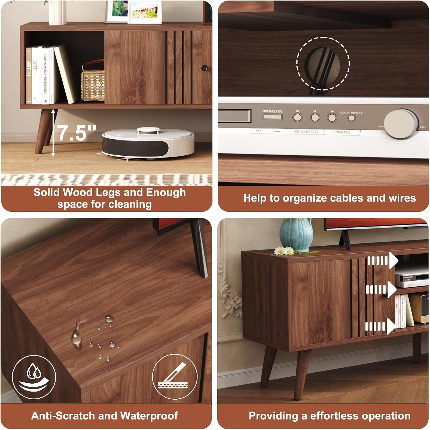 Detalle 1 de HOMEFORT 021A Mid-Century TV Stand, Walnut, Sliding Doors and Cable Holes