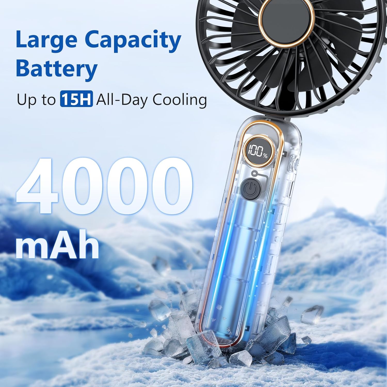 Detalle 2 de PALATALA Handheld Fan: Powerful 6-Speed Portable USB-C Fan with 4000mAh Battery and LED Display