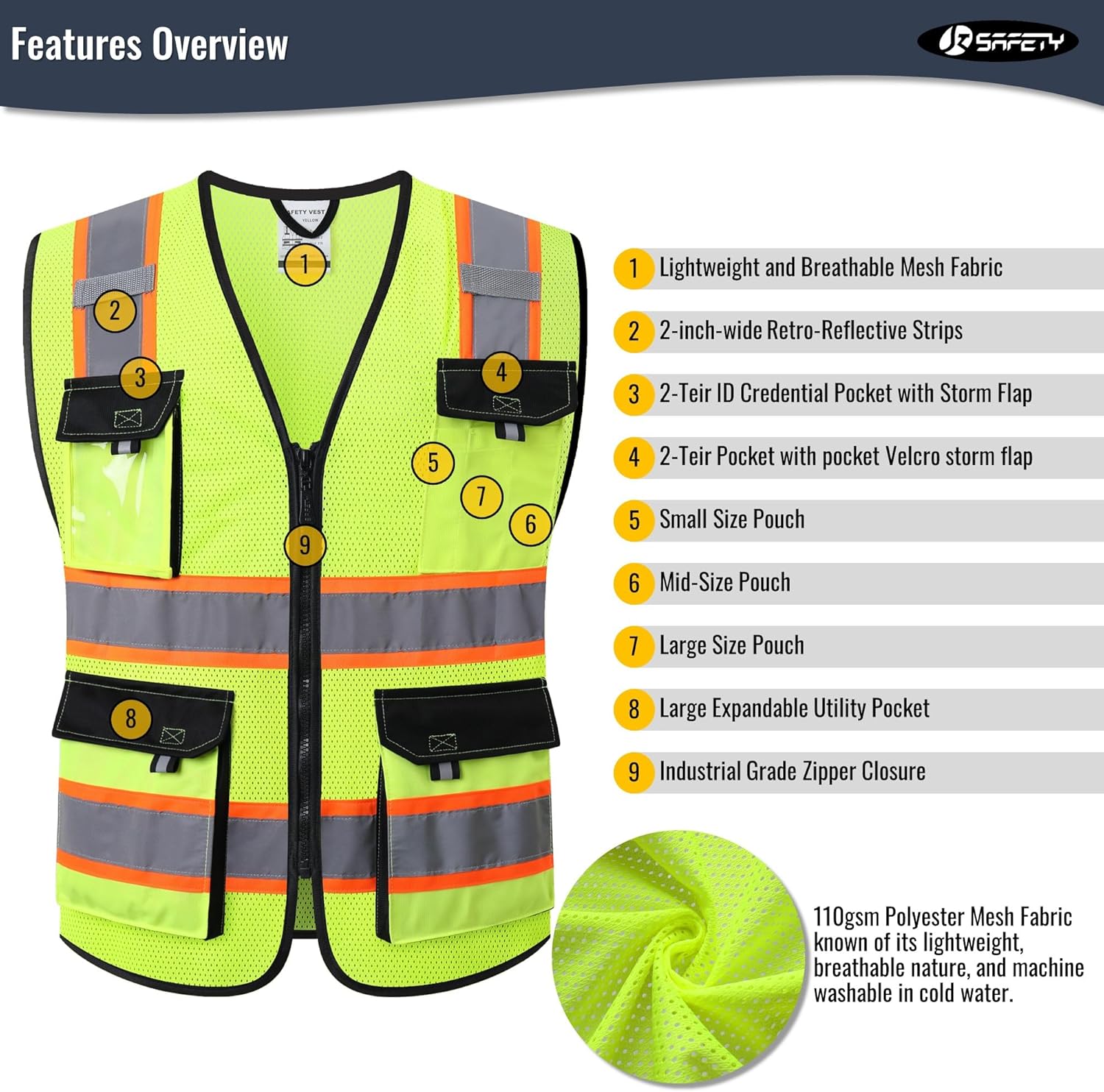Detalle 2 de JKSafety JK220 Safety Vest, Yellow XL Mesh, Class 2, 5 Utility Pockets