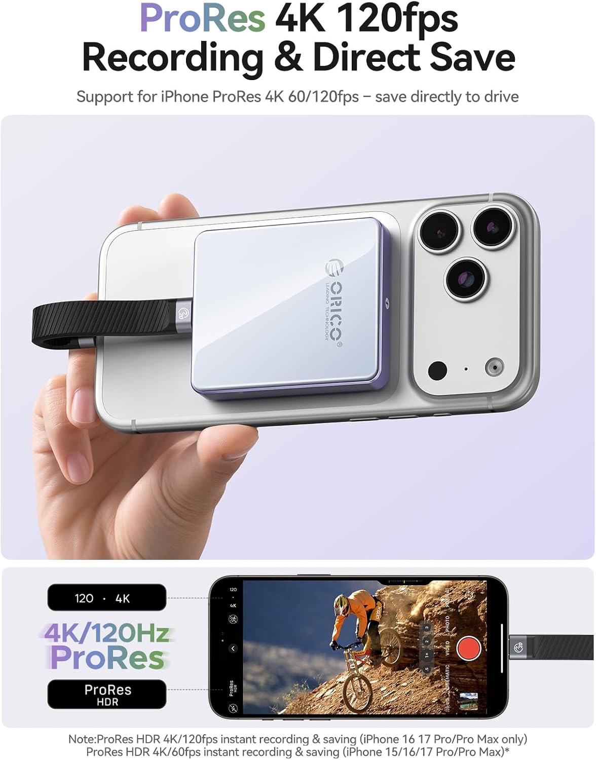 Detalle de ORICO Magnetic Case NVMe M.2 per iPhone 15/16/17 Pro – USB-C 3.2 Gen2 10Gbps, 4K ProRes, PD 100W, SSD 2230/2242 2TB (Verde)